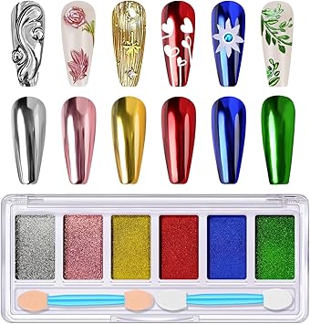 DRMODE Gold Silver Chrome Nail Powder, 6 Colors Red Green Mirror Metallic Effect Nail Chrome Powder, Blue Rose Gold Champagne Colored Chrome Powder for Nails Palette Pigment for Nail Art