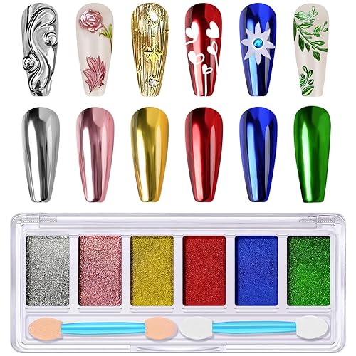 DRMODE Gold Silver Chrome Nail Powder, 6 Colors Red Green