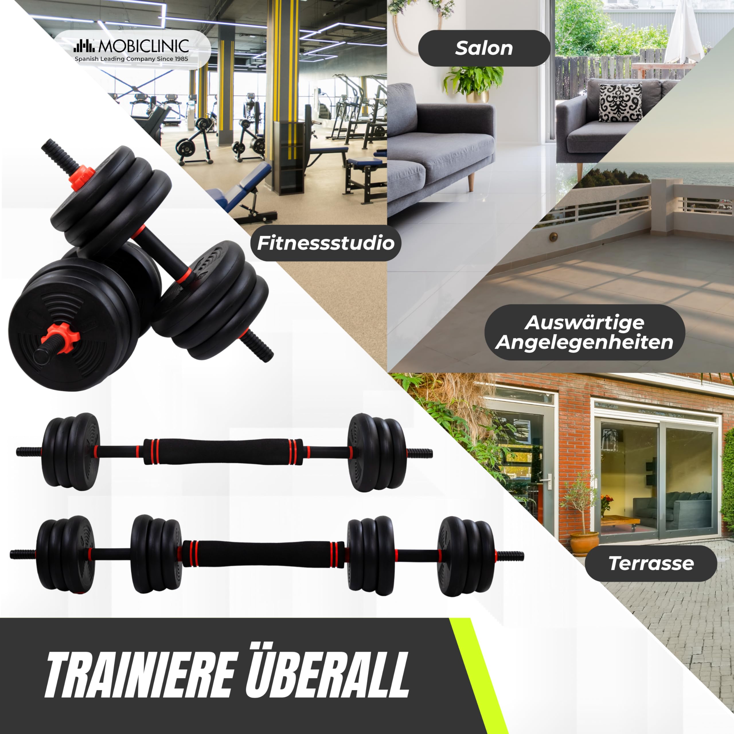 Mobiclinic®, Verstellbare Hanteln 20 kg, 4 in 1, Gewichtsset, Hanteln, Kugelhanteln und Liegestützständer, Verbindungsstange, Rutschfester Griff, Mobimax, Home Gym, Fitness