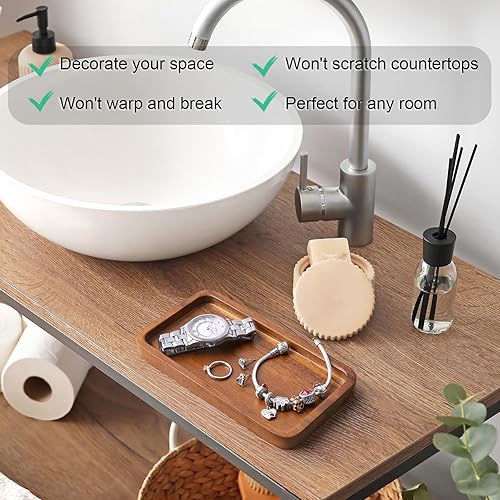 Miniatura 7 de ALELION Bandeja de tocador pequeña de 6" para baño - Bandeja dispensadora de jabón de cocina de madera de acacia - Bandeja decorativa para tocador
