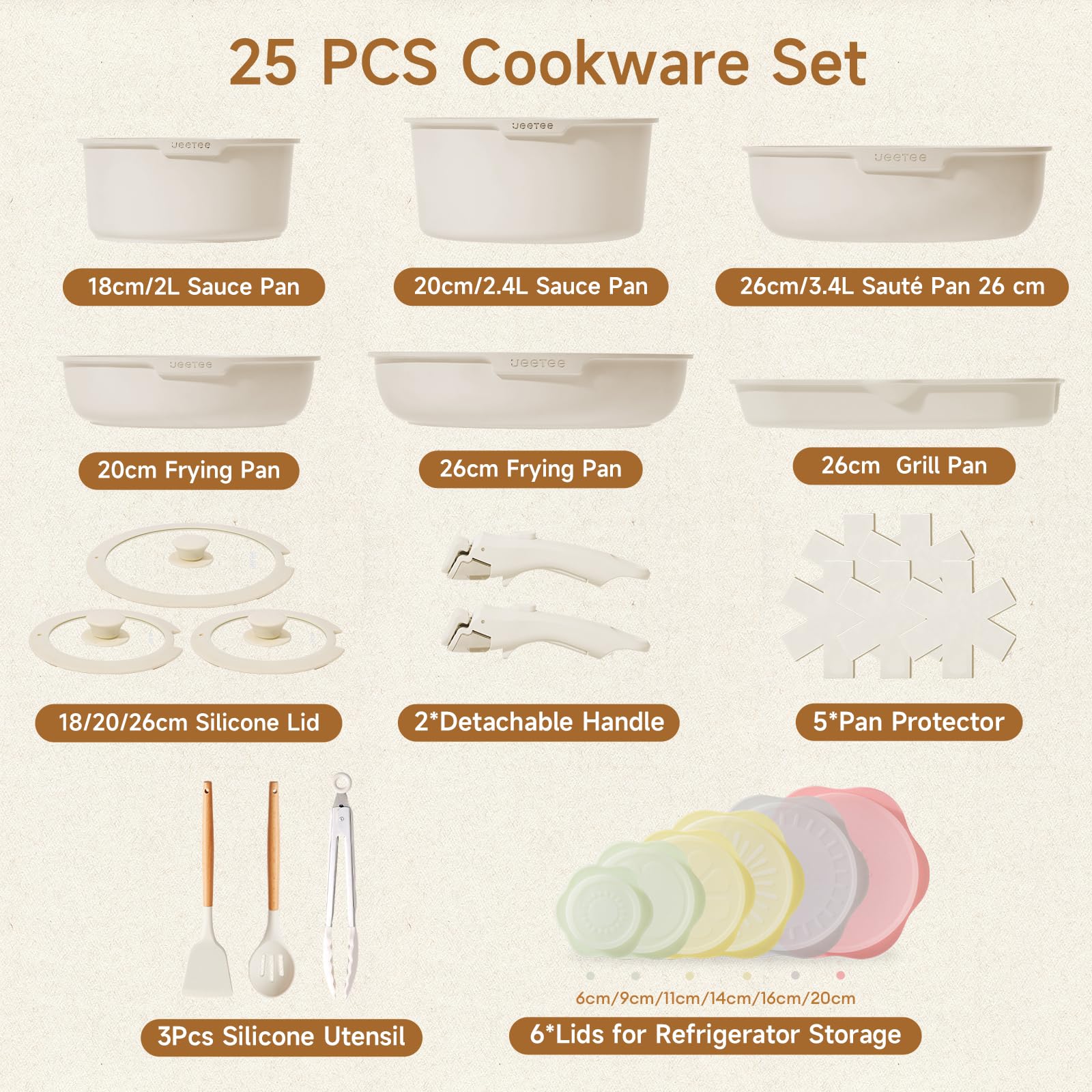 JEETEE Batería de Cocina 25 Piezas con Mangos Extraíbles, Inducción | Juego de Ollas y Sartenes Antiadherentes, Apilable, Apto para Horno 220°C, Ahorra Espacio hasta 70%