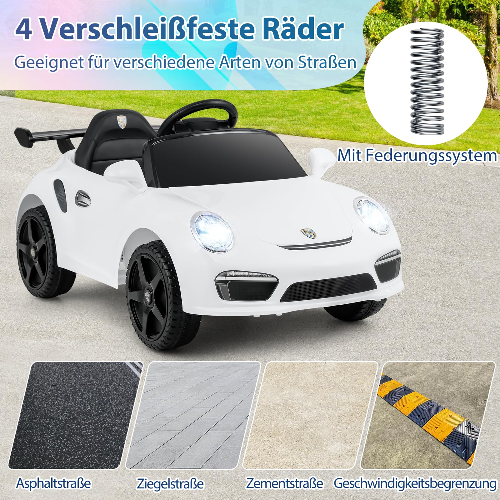 COSTWAY Kinder Elektroauto Porsche, 12V Kinderauto elektisch mit Fernbedienung, mit Musik, LED-Lichtern, Hupe & 2 Geschwindigkeiten, Elektrofahrzeug für Jungen und Mädchen ab 3 Jahren (Weiß)