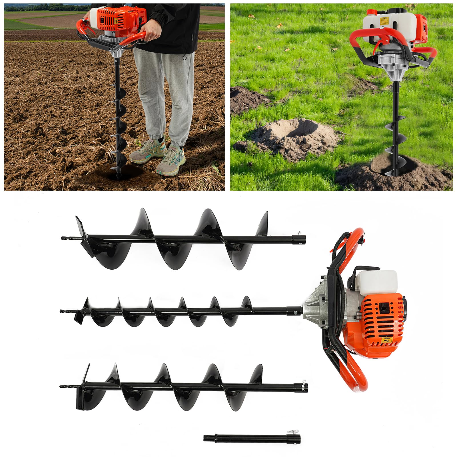 52CC Benzin Erdbohrer, 2 Takt Motor Benzin Pfahlramme Professionell Gärtenerdbohrer Obstgartenerdbohrer für Rasenflächen, 1.2L/0.3gal