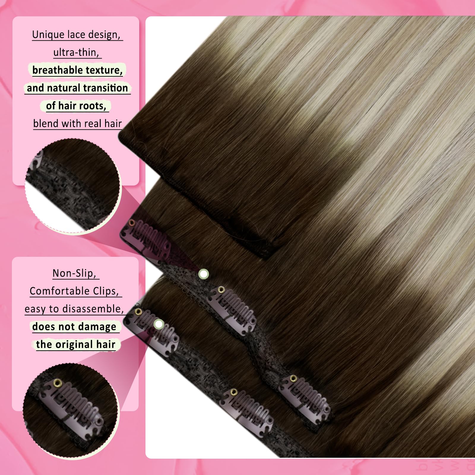 YoungSee Human Hair Clip in Extensions 18inch Dark Root Clip in Human Hair Extension Ombre Dark Brown to Brown with Blonde Balayage Human Clip in Hair Extensions for First-Time Users 120g Stylish 7pcs - Image 2
