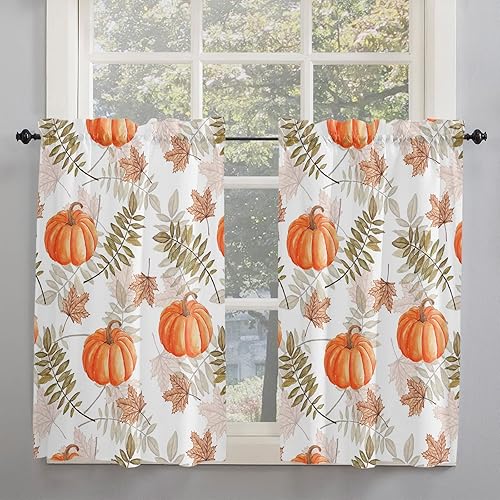 Kitchen Curtains 2 Panels Rod Pocket Tier Curtain Fall Orange Pumpkin Maple Leaf Window Valance,Light Filtering Window Treatment Thanksgiving Plant