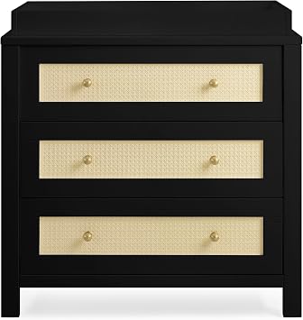 Simmons Kids Theo 3 Drawer Dresser with Changing Top and Interlocking Drawers, Black/Textured Almond