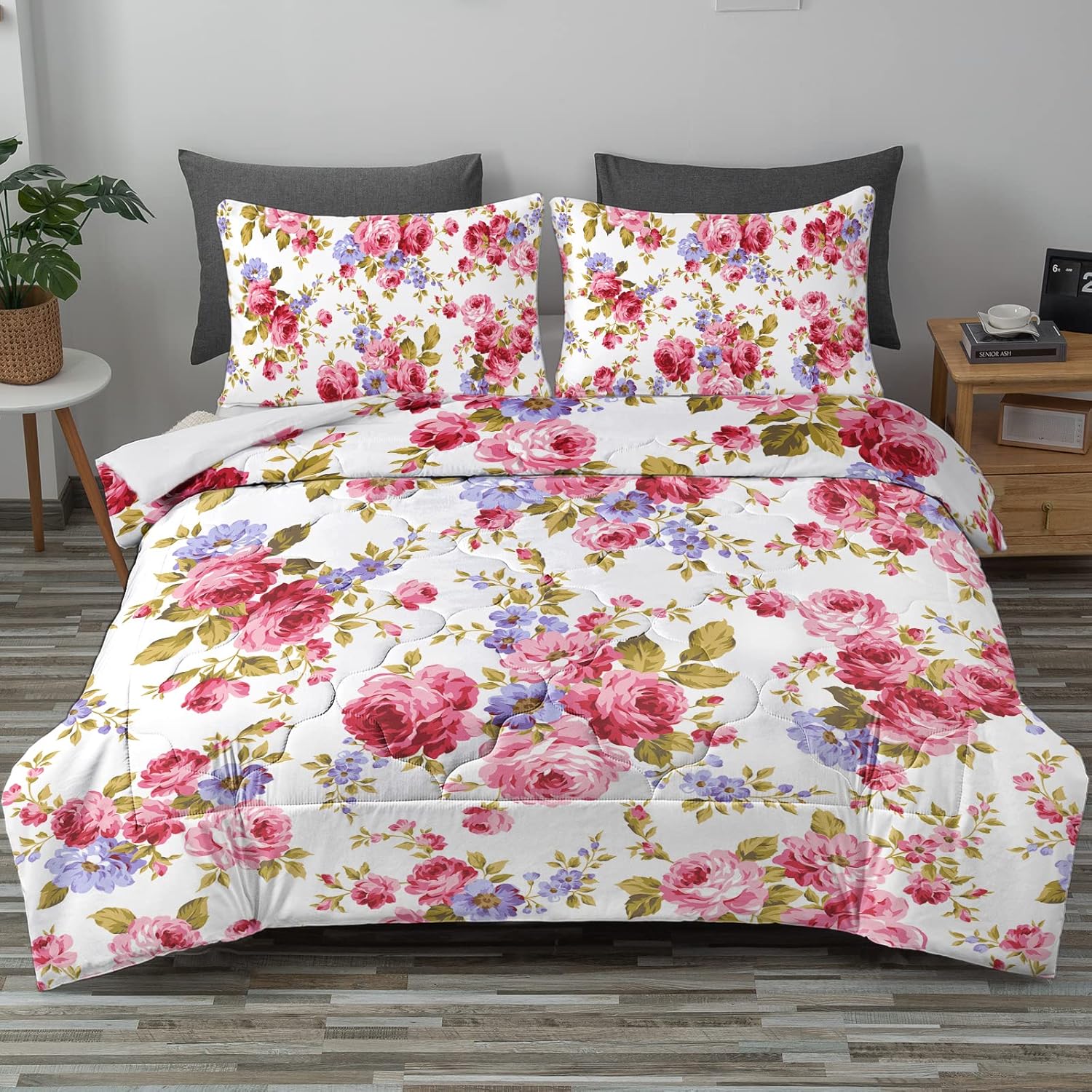 TOPTREE Purple Pink Floral Comforter Set Farmhouse Pink Floral Bedding