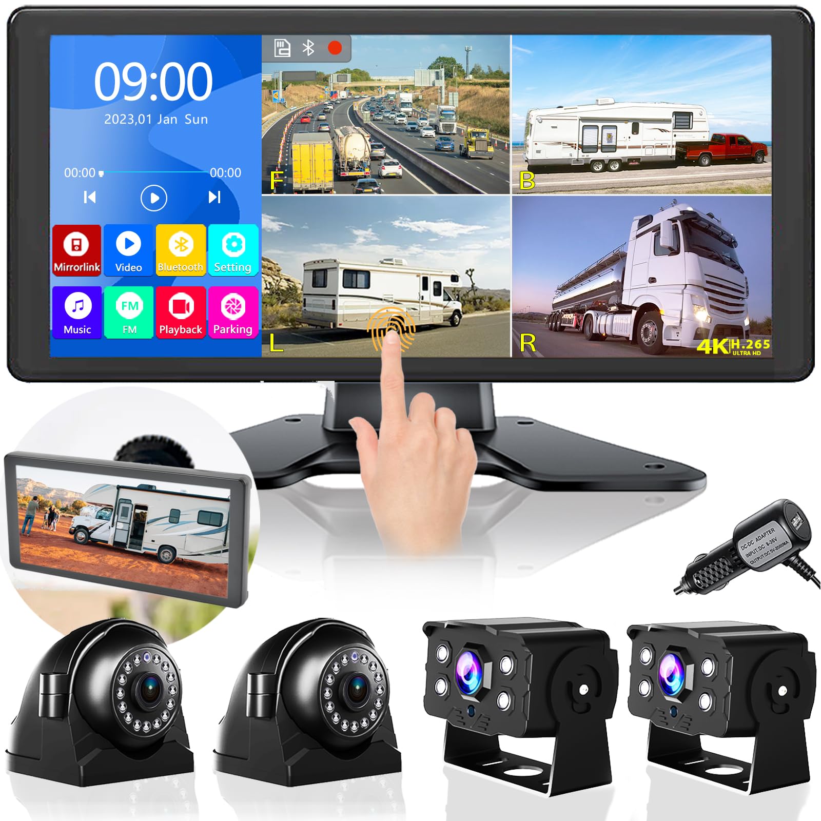 4K RV Backup Camera System 10.36" Quad Split Touch Screen Monitor with 4 1080P Rear Side View Camera, DVR Recording Bluetooth MP3 MP5 IP69 Waterproof Night Vision for RV Truck Trailer Tractor