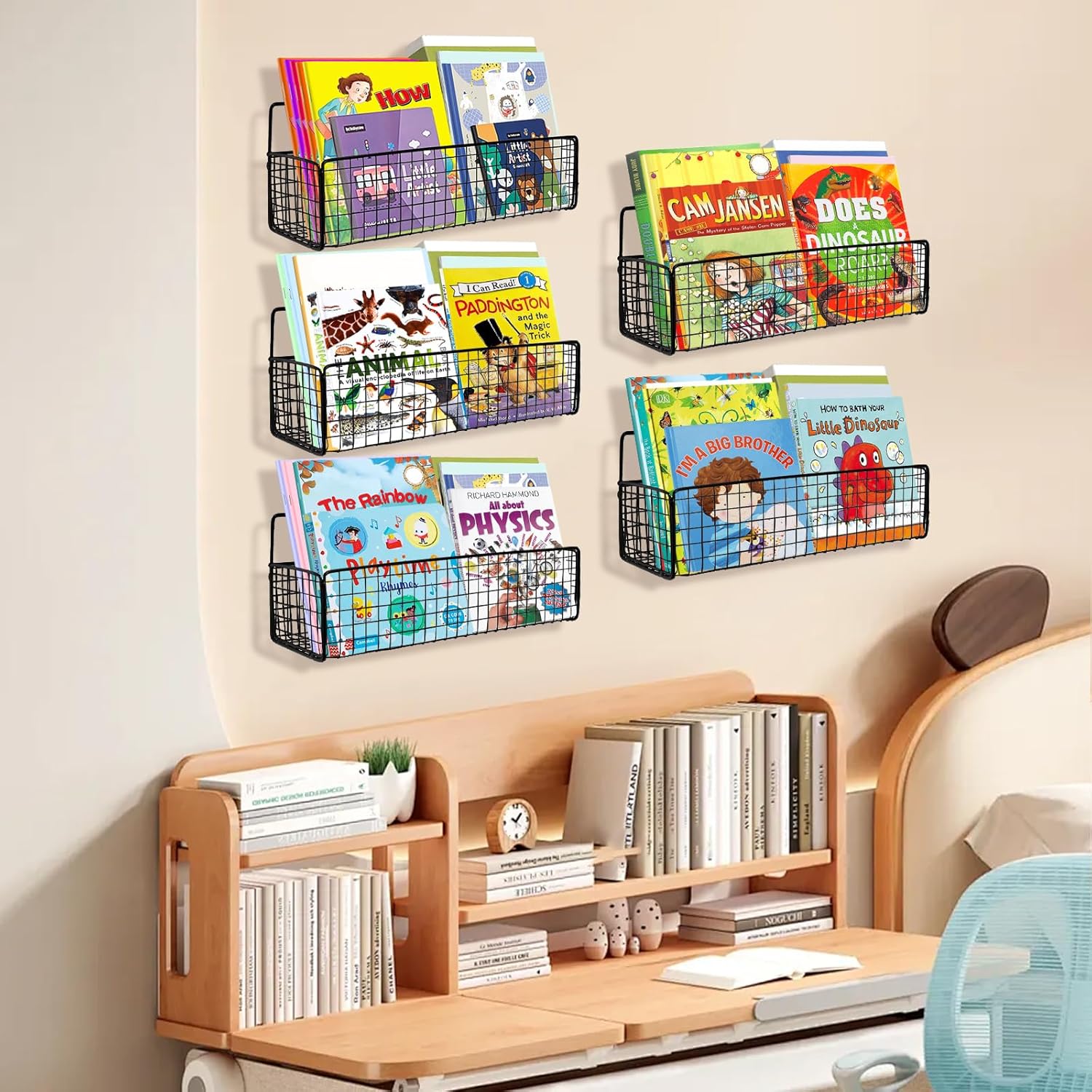 5-Pack Black Metal Wall Mounted Kids Bookshelf, Modern Style, 5 Shelves, Hanging Book Shelf Organizer for Kids Room, Bedroom, Kitchen, Nursery
