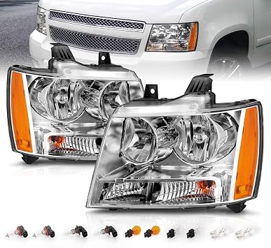 for Chevy 07-13 Tahoe/Suburban/Avalanche Factory Style Chrome Halogen Replacement Headlights Pair - Driver and Passenger Side