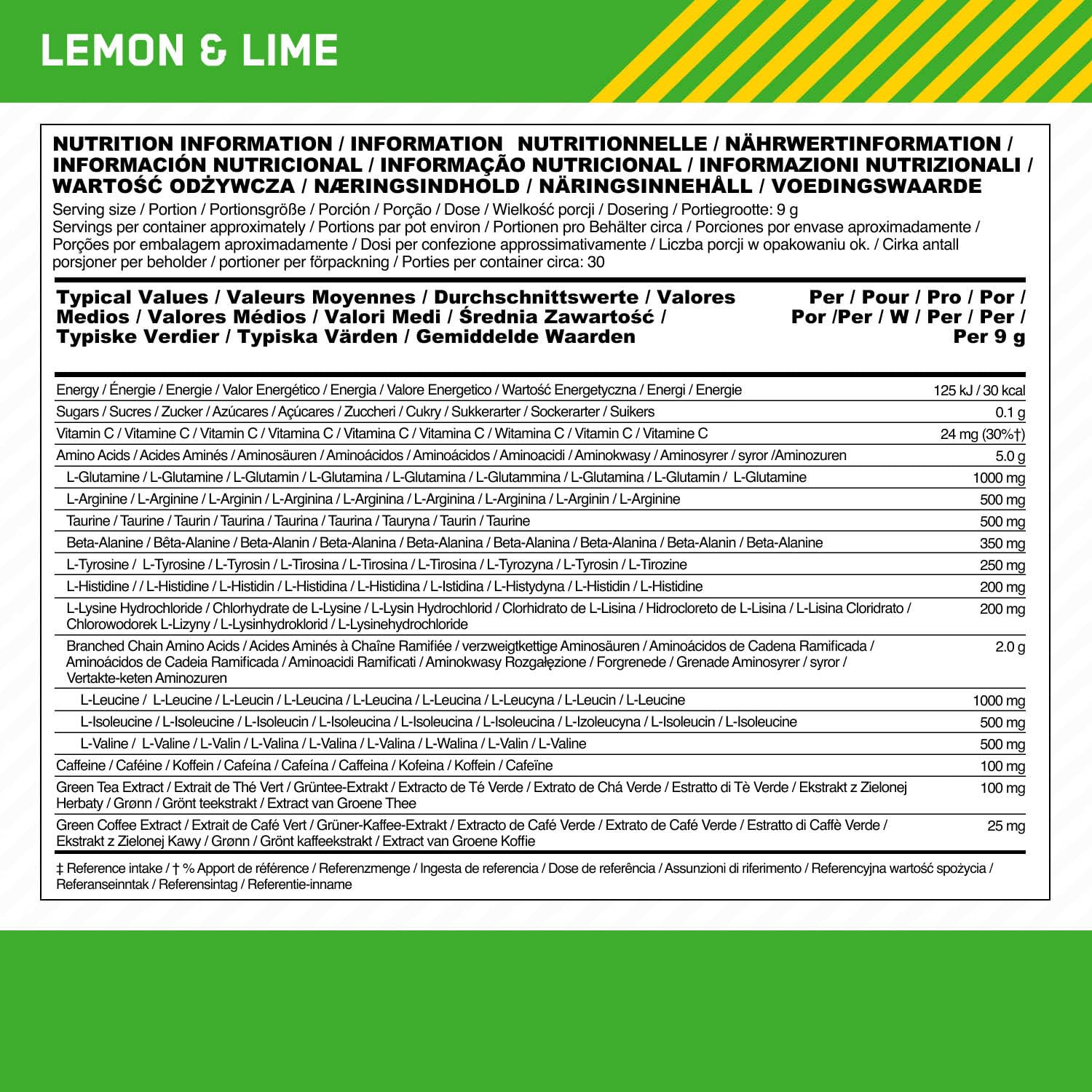 Optimum Nutrition Amino Energy Pre Workout Powder, Energy Drink mit Aminosäuren, BCAA, L-Glutamin und L-Leucin, Vitamin C und Koffein, Zitronen-Limetten-Geschmack, 30 Portionen, 270 g