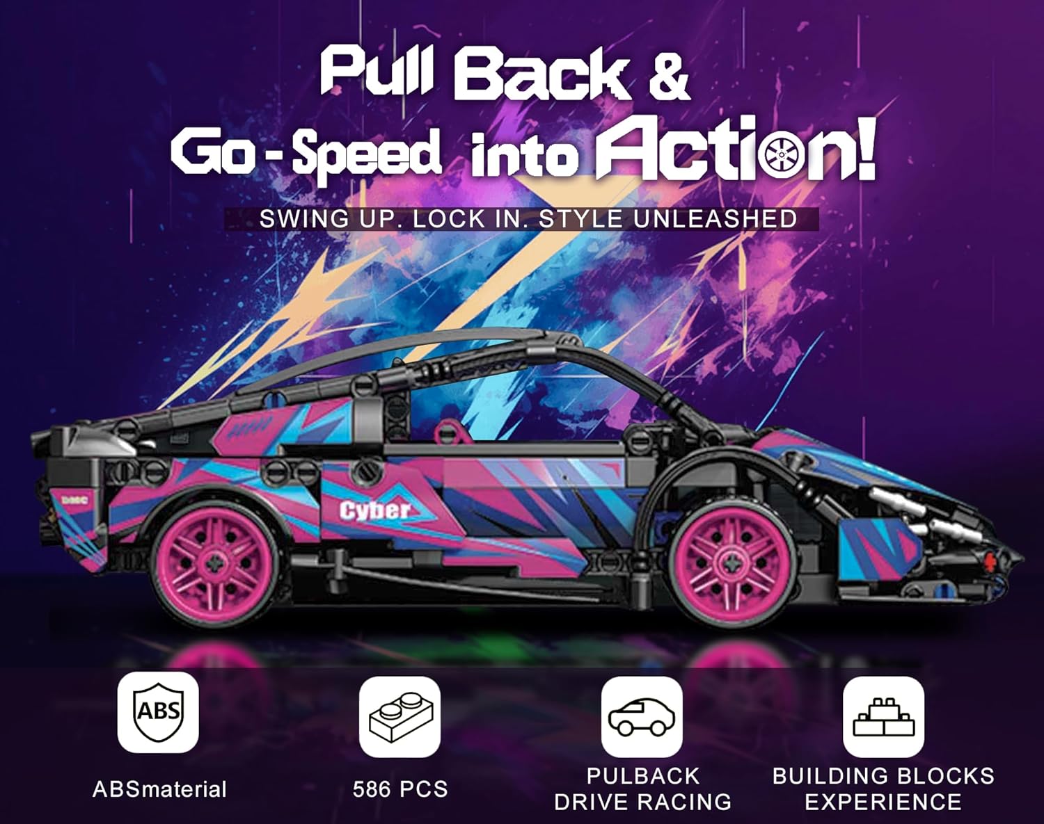 Sosuy Building-Block Race-Car Set, 1:18 Technical Model Kit 586 Pcs DIY Pull-Back Cyberpunk Toy for Boy Girl Kid Age 6+ Year, Birthday Gift for Teen Adult Display, Speed Super Sports Cars Bricks Icons