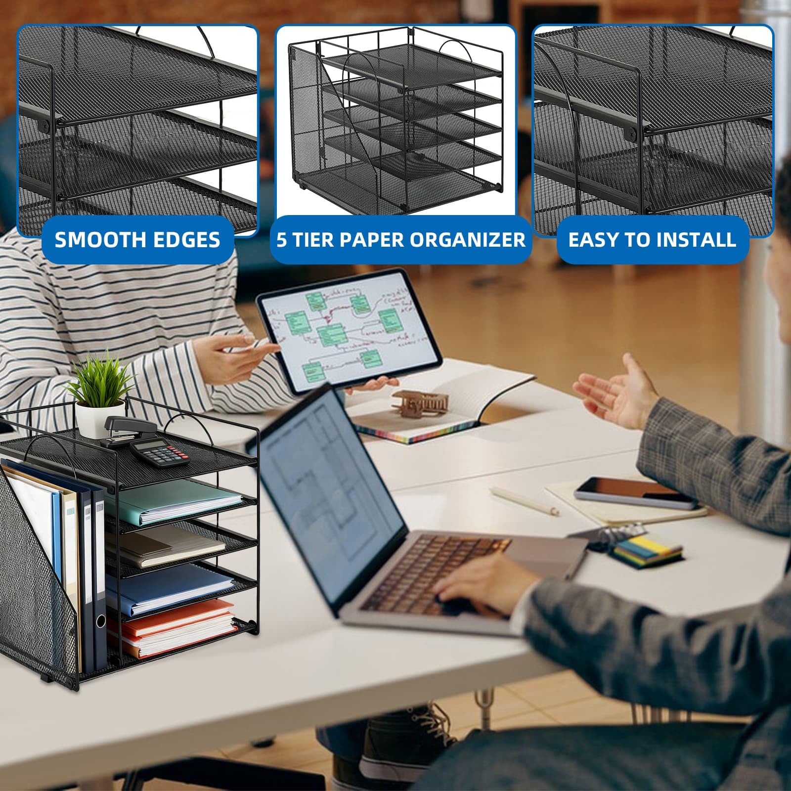 Mesh Desk Organiser Tray 5-Tier, Letter Magazine Book Paper Tray with File Holder, Desk Accessories for Organisation, Storage, Home Office Supplies (Black) - Image 4