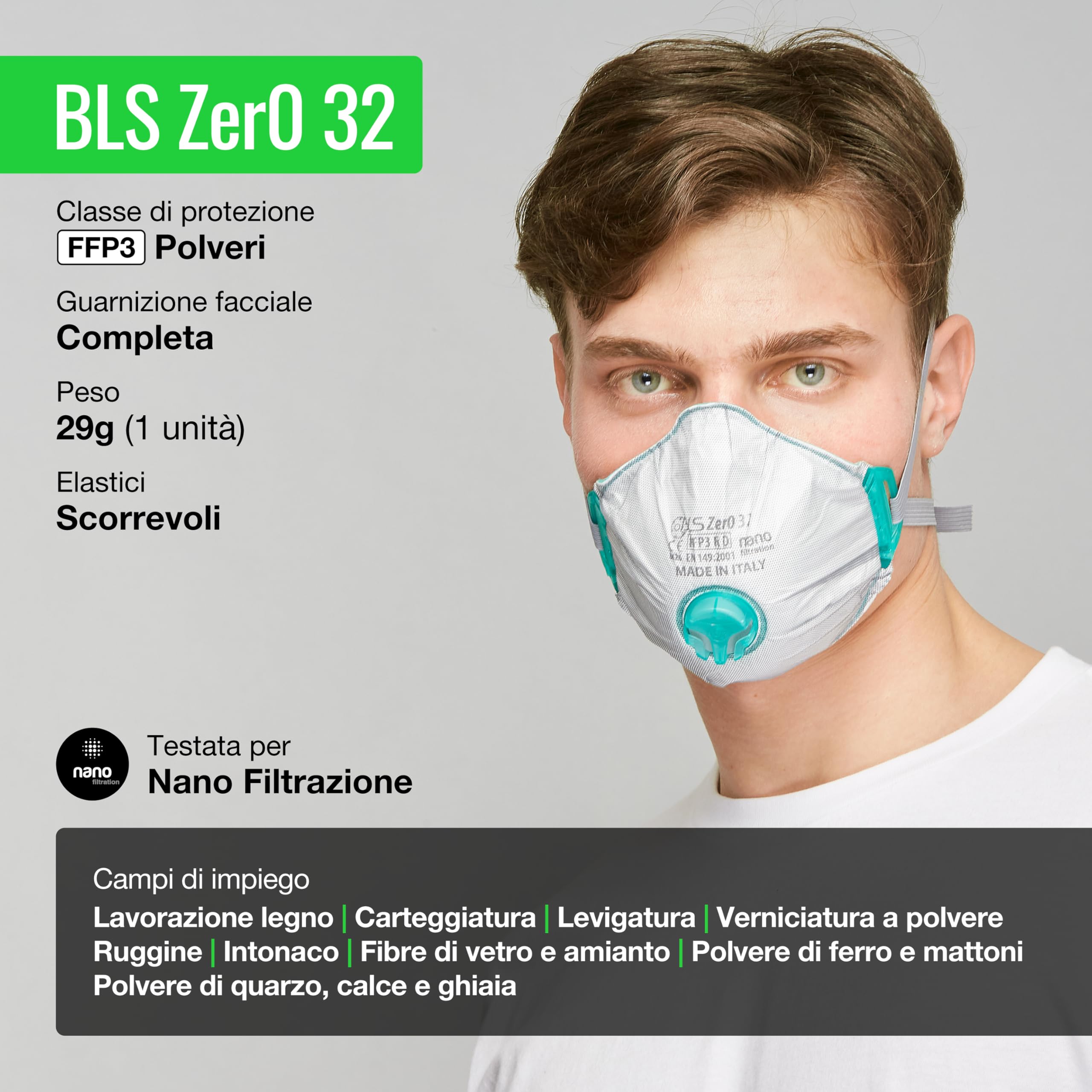 BLS Zer0 32 Facciali Filtranti Riutilizzabili FFP3 R D. 5 Mascherine a Coppa con Valvola di Espirazione ed Elastici Scorrevoli. Per Polveri, Falegnameria, Edilizia, Saldatura e Fai da Te