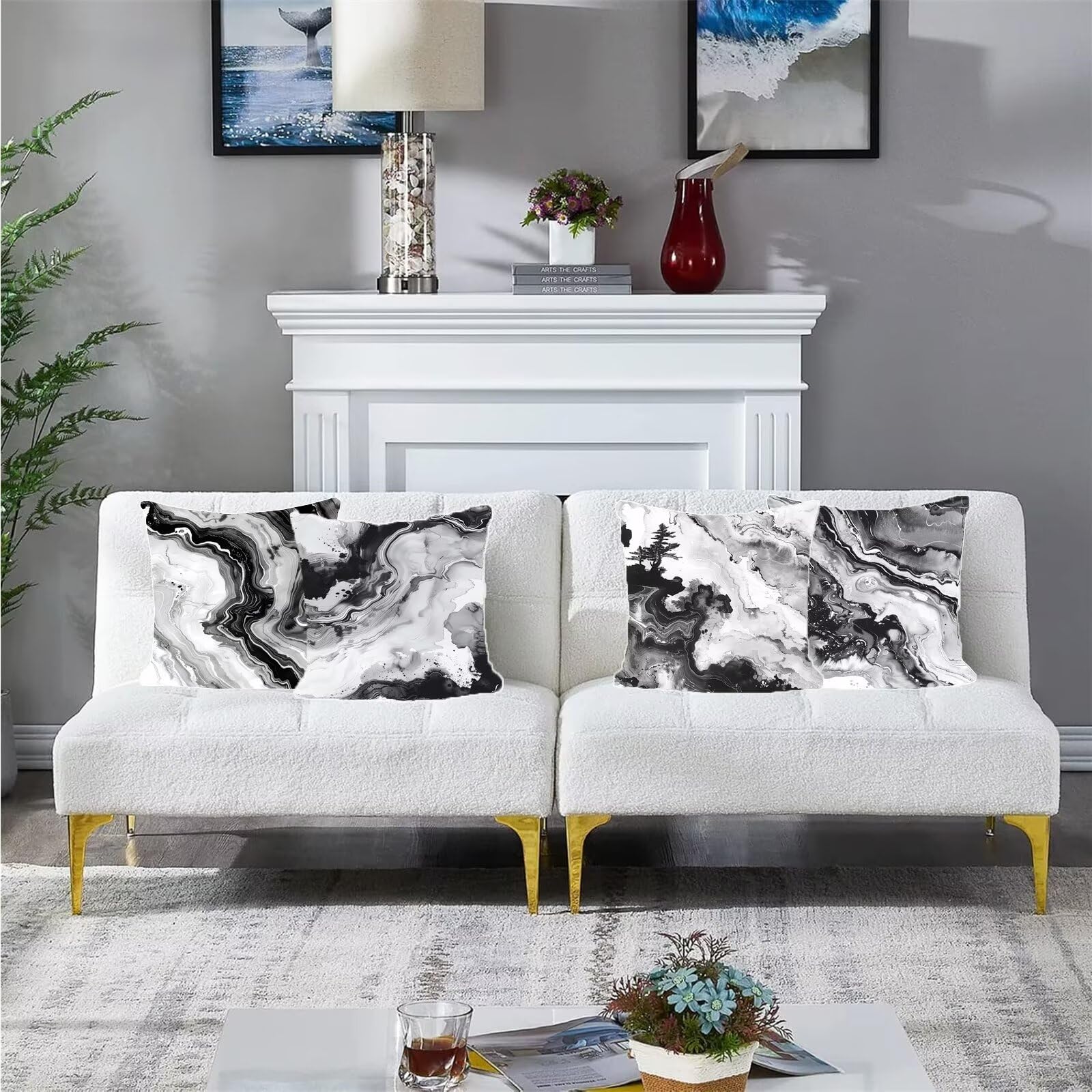 Cuscini Bianco E Nero 4 Confezioni, Fodere Cuscini 55x55cm Marmo Decorazione in Lino Super Morbido Federa Cuscino Dotato di Cerniera Invisibile per la Divano Camera da Letto Esterno (Lino) A-216