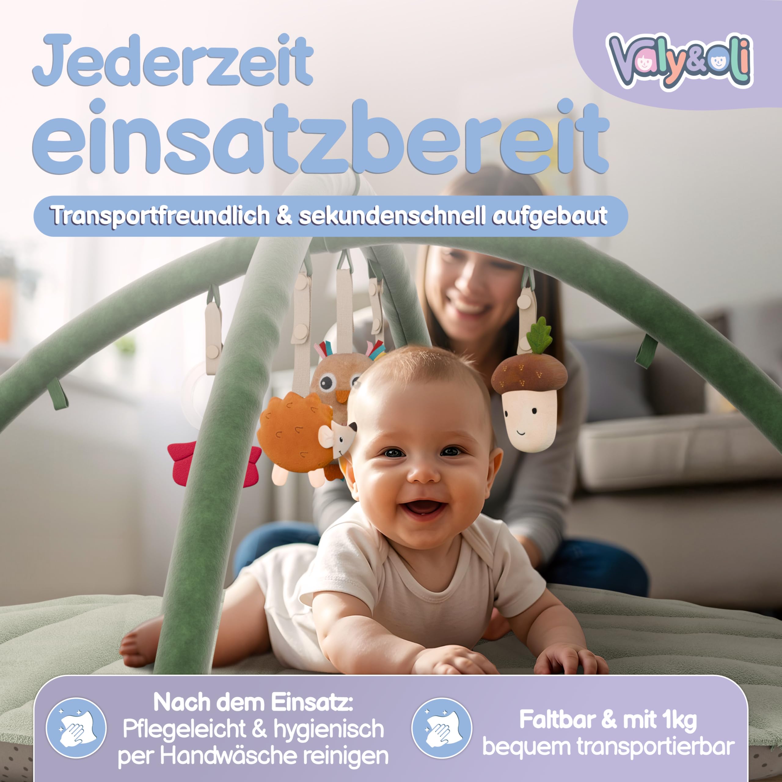 Valy&Oli® Spielbogen Baby XXL - Extra Weiche Spieldecke Baby inkl. 5 Höhenverstellbaren Sensorischen Spielzeugen - Spielebogen Babies zur Motorik & Sinnesförderung, Baby Play Mat & Baby Gym