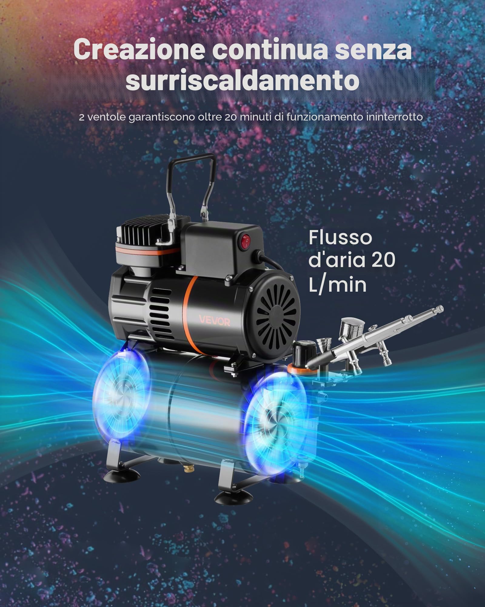 VEVOR Set Aerografo con Compressore d'Aria Serbatoio 1/6 HP, Spruzzatori a Doppia Azione Ugelli 0,3/0,3/0,5 mm Vernice Acrilica Ventole, Kit Aerografo per Decorazione di Pittura, Modelli