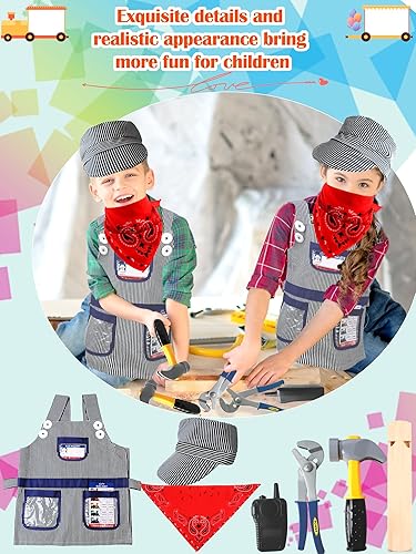 Miniatura 5 de Conjunto de disfraz de conductor de tren para niños, kit de disfraz de ingeniero con gorra, bandana, silbato para niños y niñas, Halloween, día de