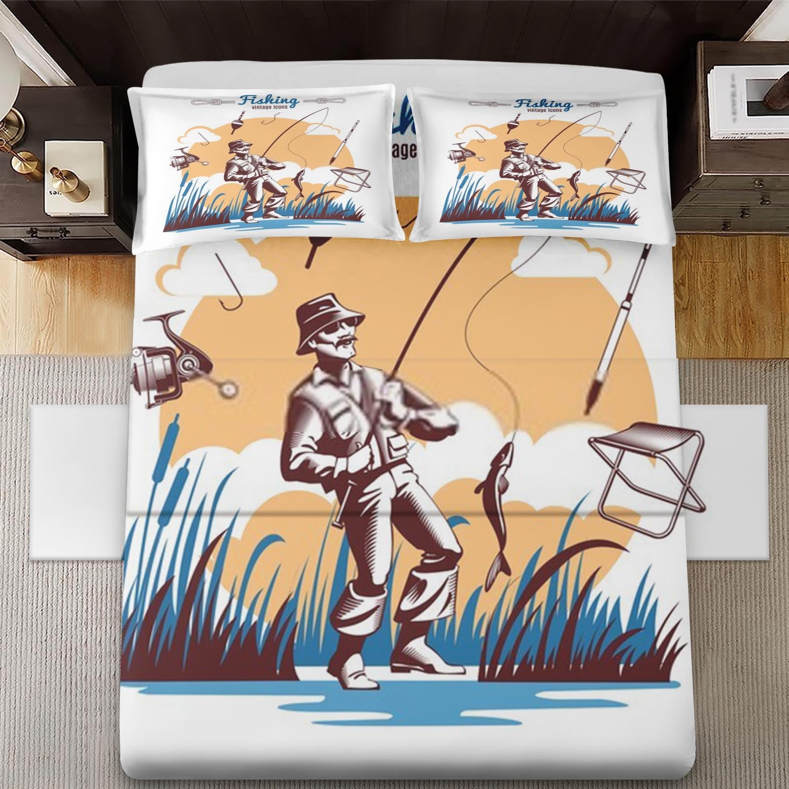 4 Pcs Fitted Sheet Set Queen Size with 16" Deep Pocket, Fishing Vintage Lake Bedding Set with Pillowcases for Kids and Adults, Fish Old Fisherman Flat Bed Sheet Set
