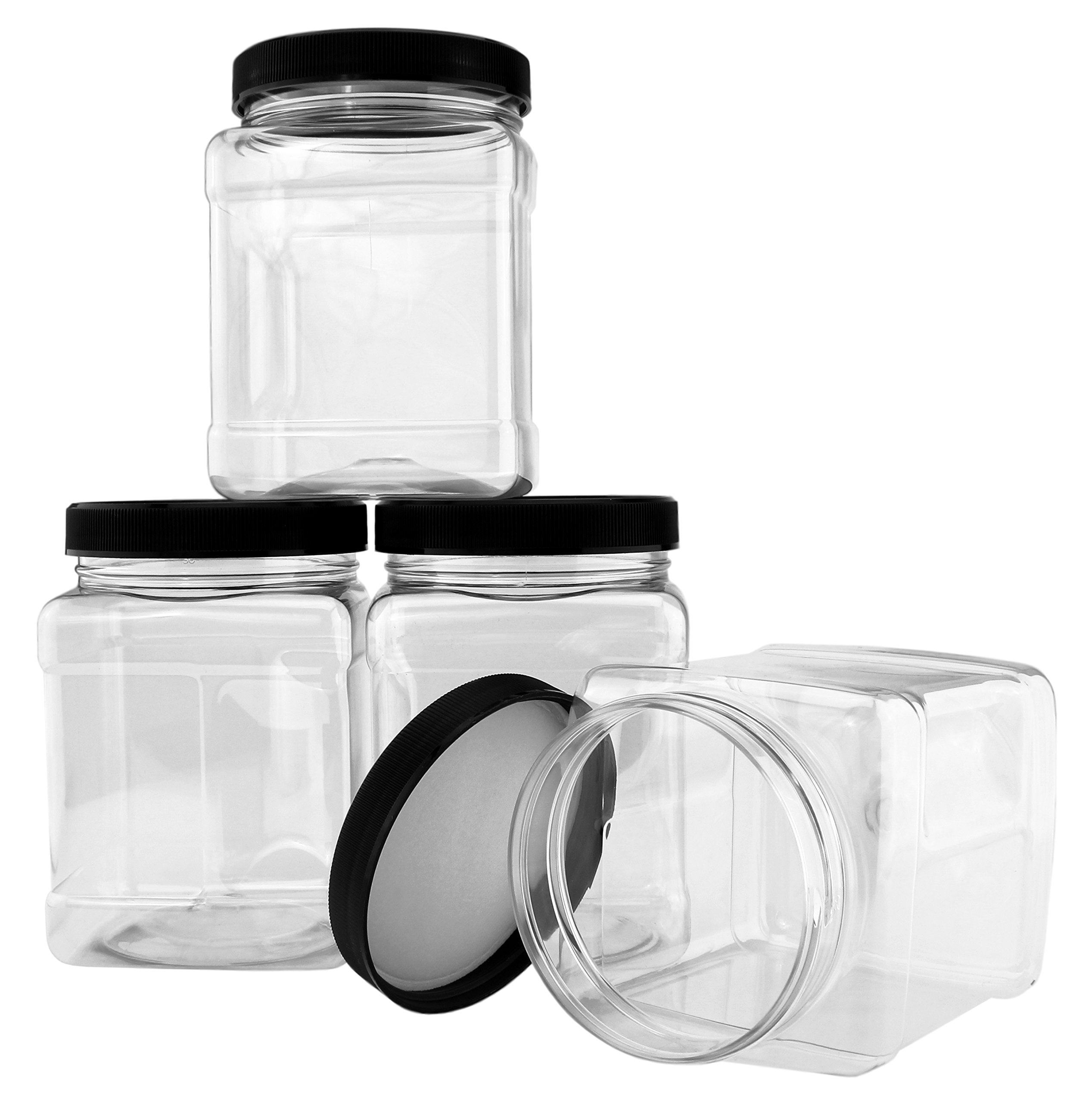 Buy 32oz Square Plastic Jars (4Pack, Quart); Clear Rectangular 4Cup