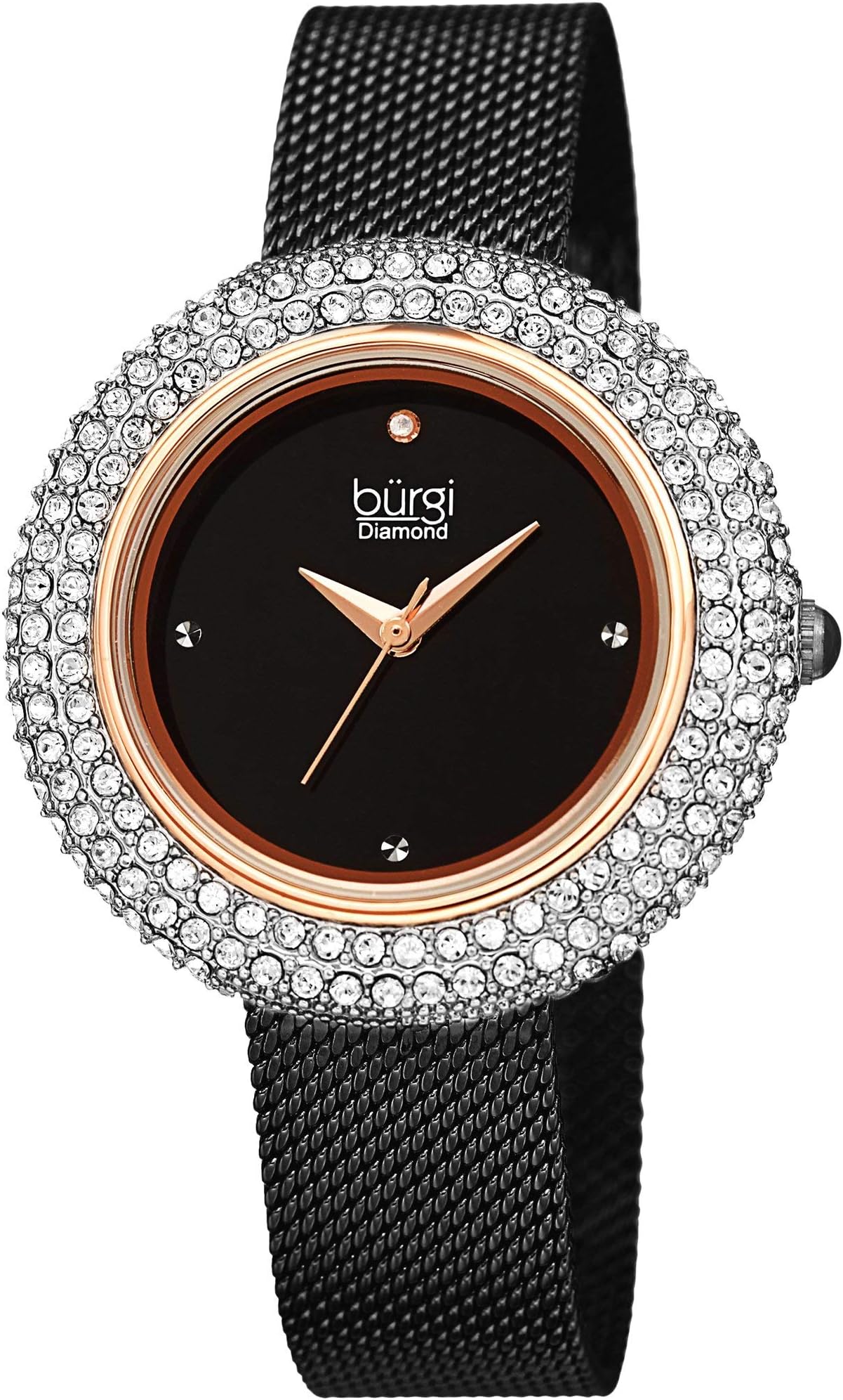 Burgi Swarovski Crystal Women's Watch - A Diamond Hour Marker on Accented Stainless Steel Mesh Bracelet Wristwatch - Perfect for Mother's Day - BUR220