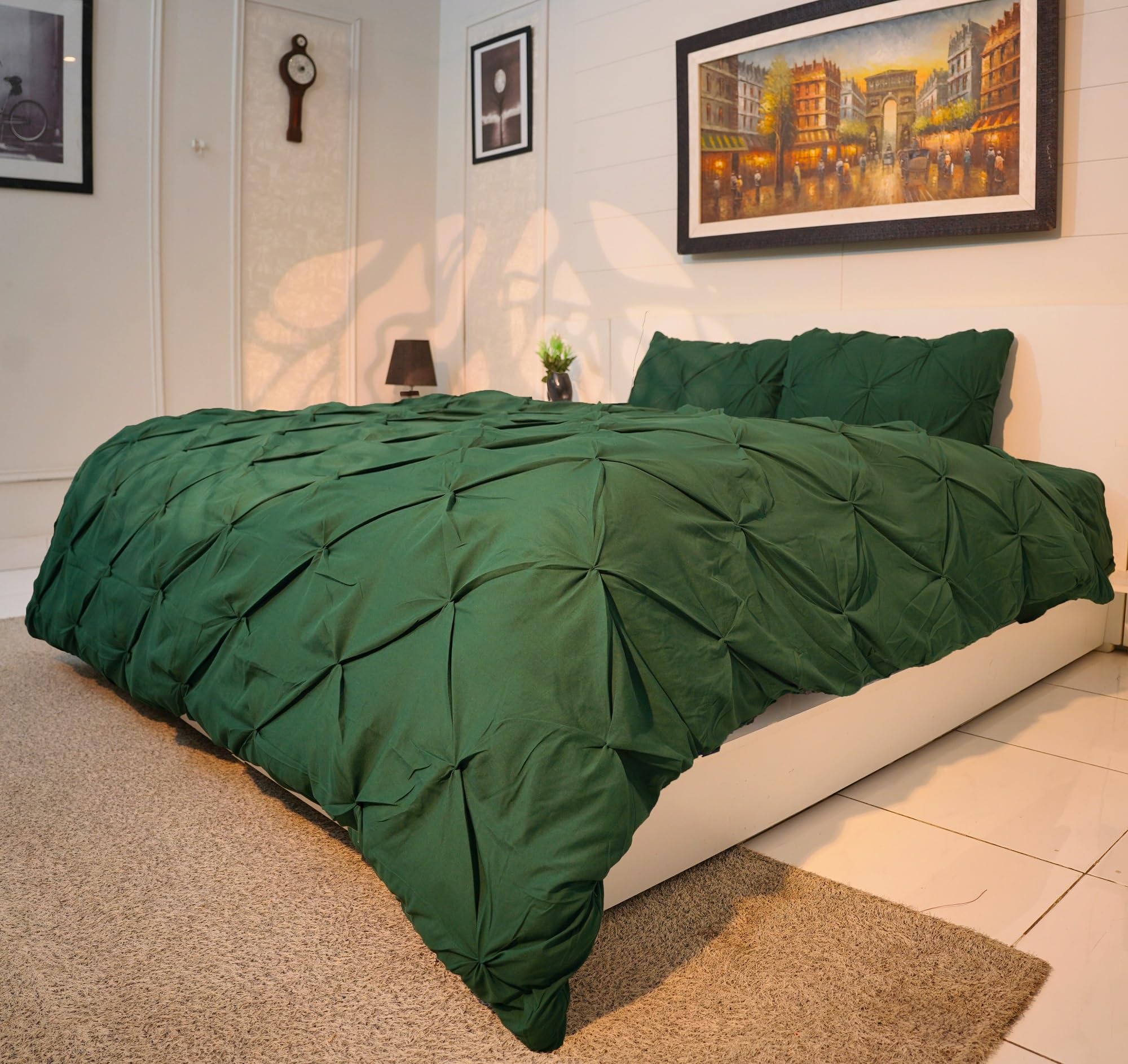 AHS - Single Emerald Green Pintuck Duvet Cover Sheet - Comfy Bedding Set With Pillow Cases - Soft Durable Brushed Microfiber Quilt Cover - Breathable & Washable Duvet Bedding Set — image 1