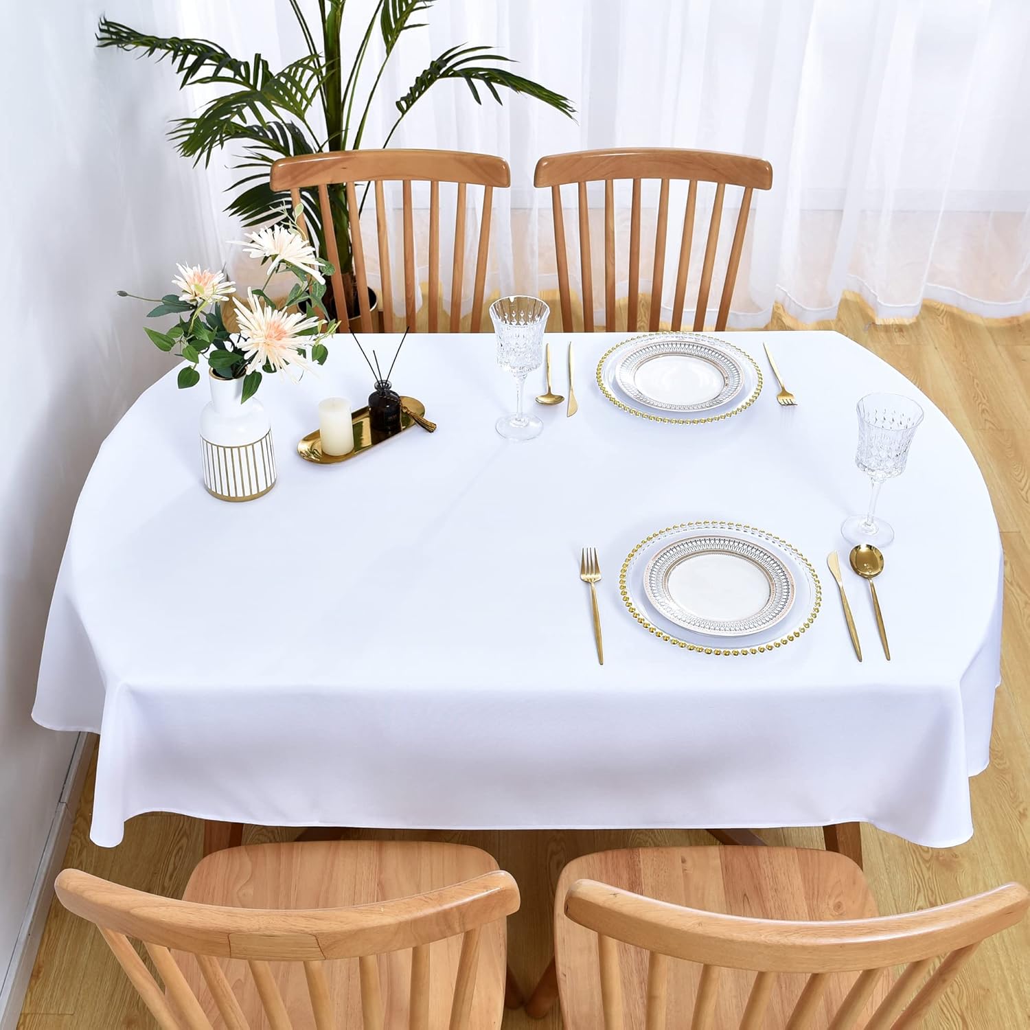Wolkemer Oval Tablecloth 60 x 102 Inch Washable Fabric Table Cloth Solid White Table Cover for Dining Wedding Party Banquet Tabletop Decoration