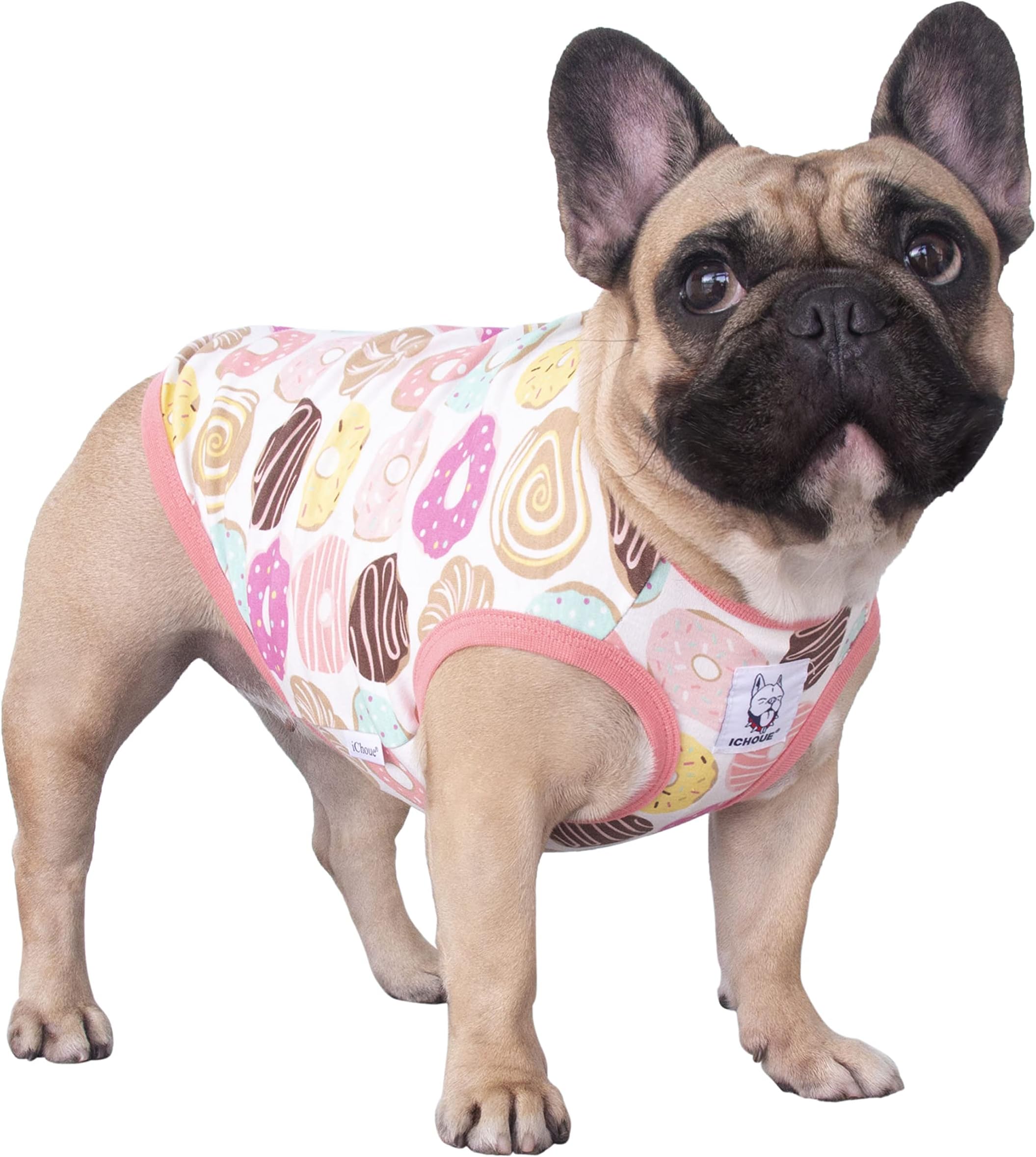 iChoue 100% Breathable Cotton English Bulldog Halloween Cartoon T Shirts Cute Clothes for Medium Large Dogs Vest Tank Tops Terrier Pitbull Donuts - XLarge