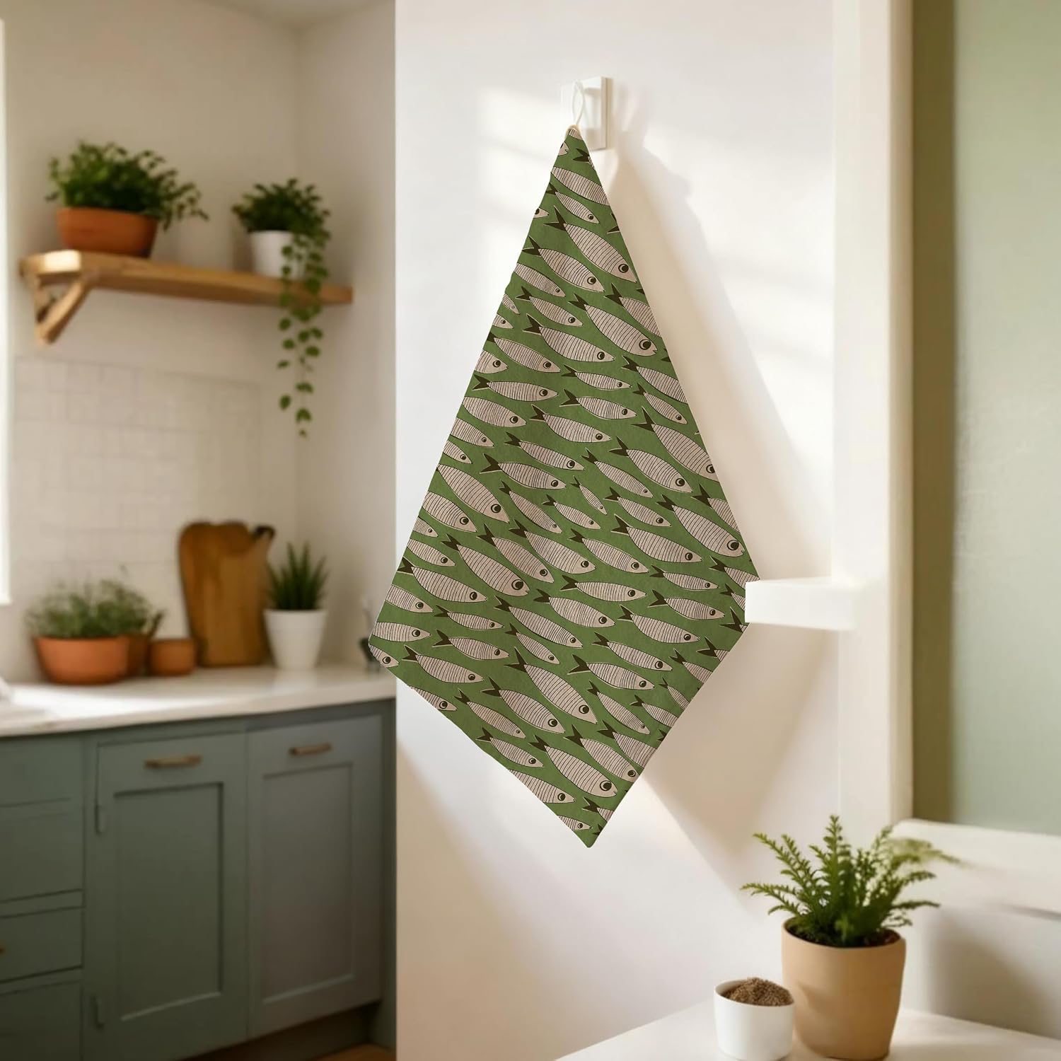 Sage Green Coastal Beach Sardine Fish Kitchen Towels 16x24