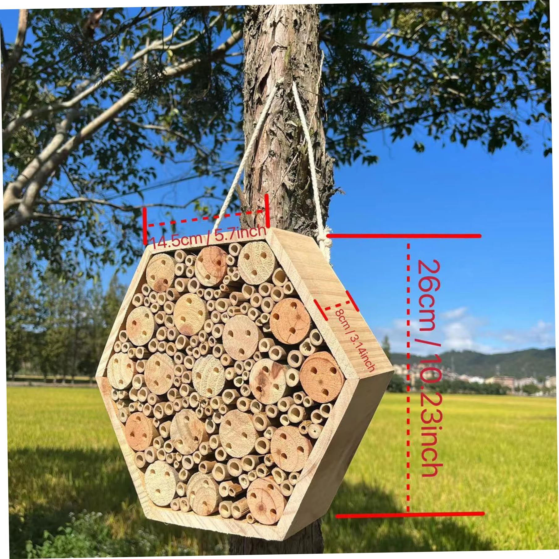Sechseckiges Bienenhaus aus Holz – Naturhotel mit Hängeseil, Maurerbienenhaus für den Garten im Freien, um Bestäuber anzulocken
