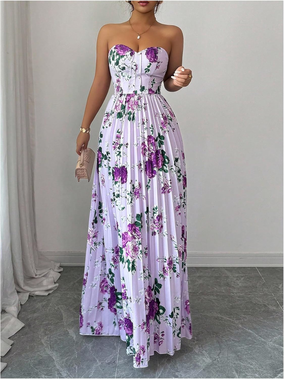 OYOANGLE Women's Boho Floral Strapless Dress Sleeveless Pleated A Line Maxi Tube Top Dresses Summer Sundress - Image 3