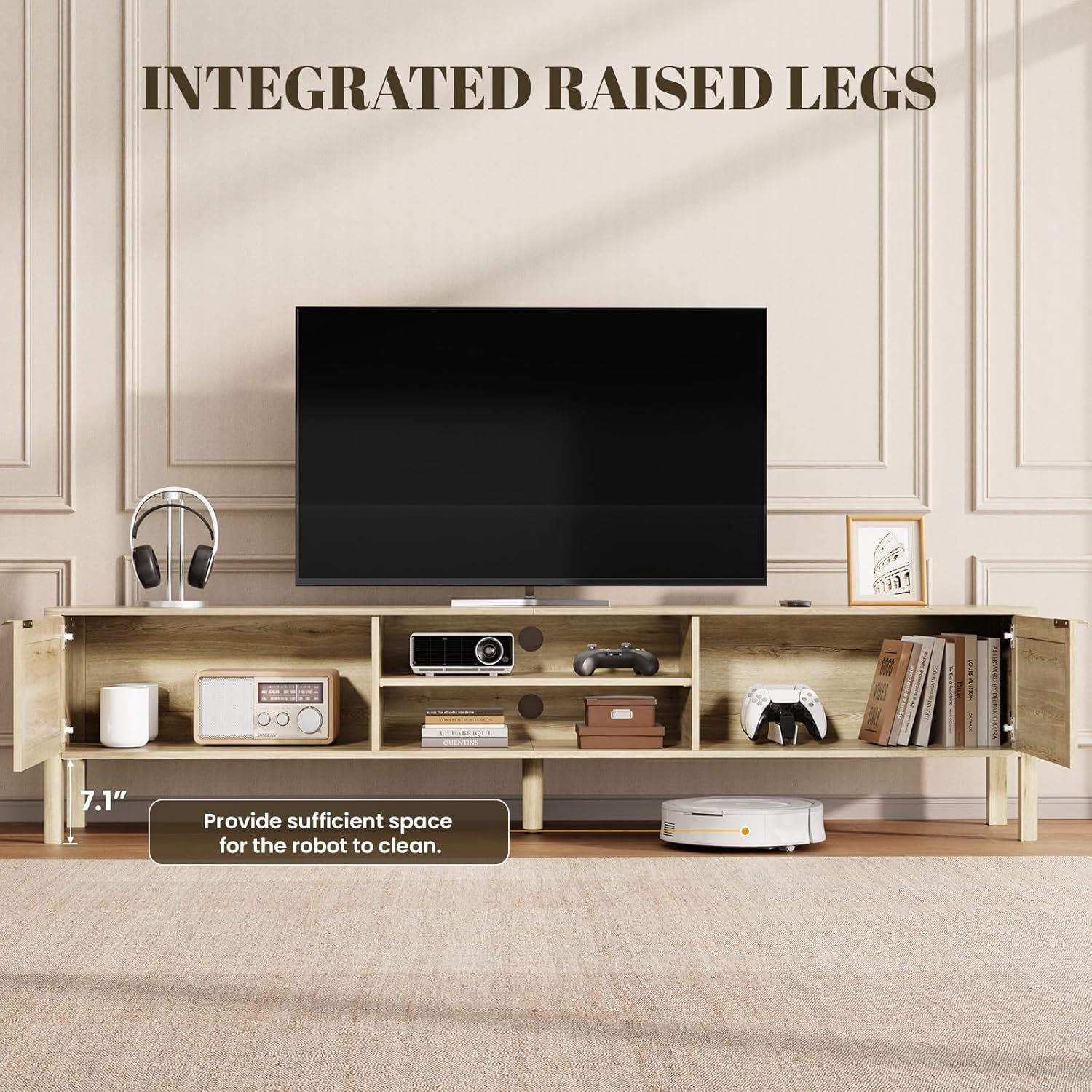 TV Stand for Living Room - Fits up to 80 Inch TVs, Rattan Media Console Table with Adjustable Shelves & 2 Storage Cabinets, Mid-Century Modern Entertainment Center, Oak 71" - Image 4