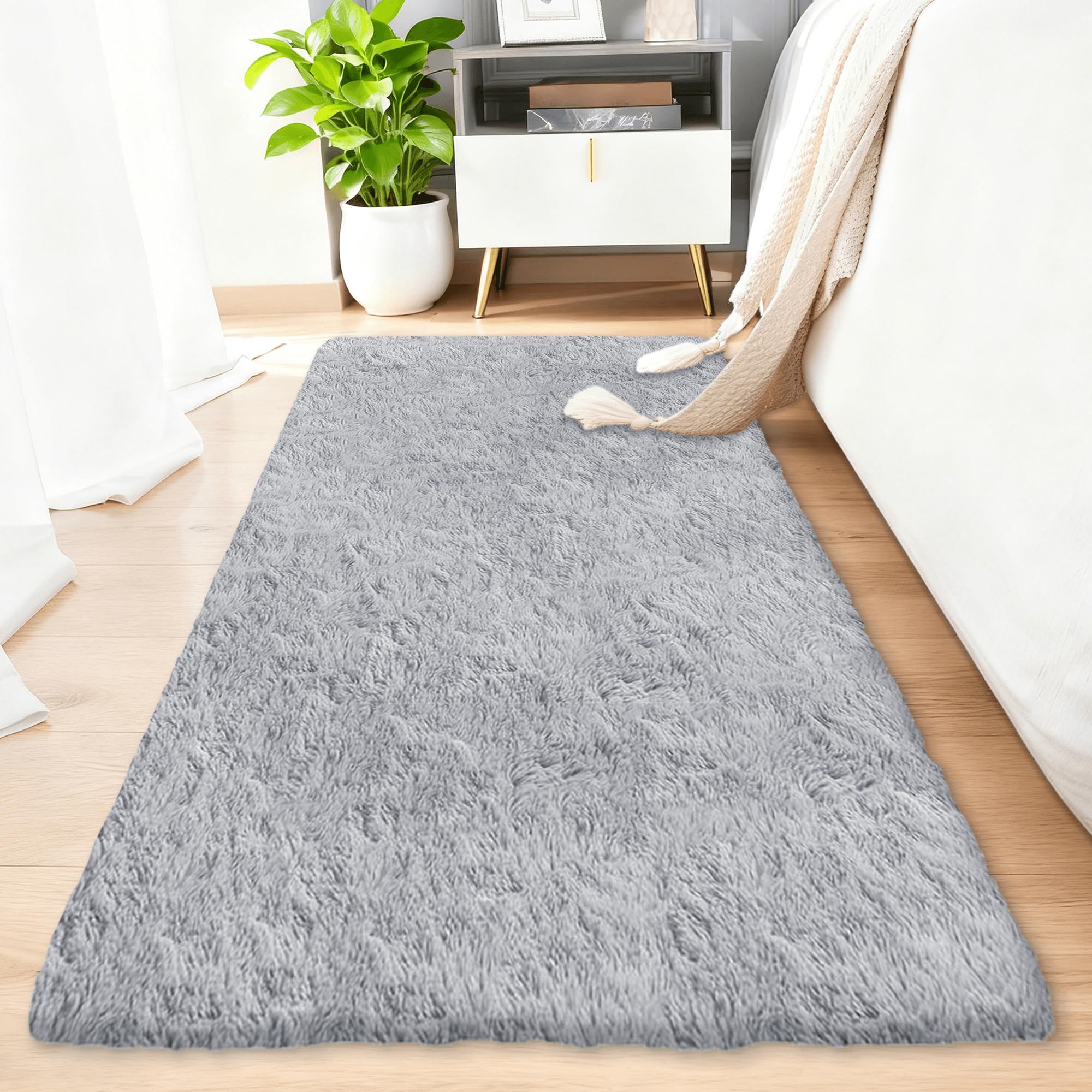 Flauschiger Hochflor Teppich 180 x 240 cm Flauschige Teppiche Schlafzimmer Pflegeleicht Und Einfarbig Fürs Flur,Küche, Wohnzimmer, Schlafzimmer, Hellgrau