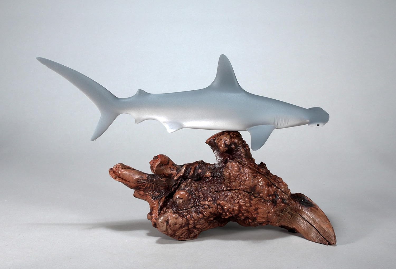 Hammerhead Shark Sculpture by John Perry Airbrushed 12 in Long on Burlwood Base Signed Statue