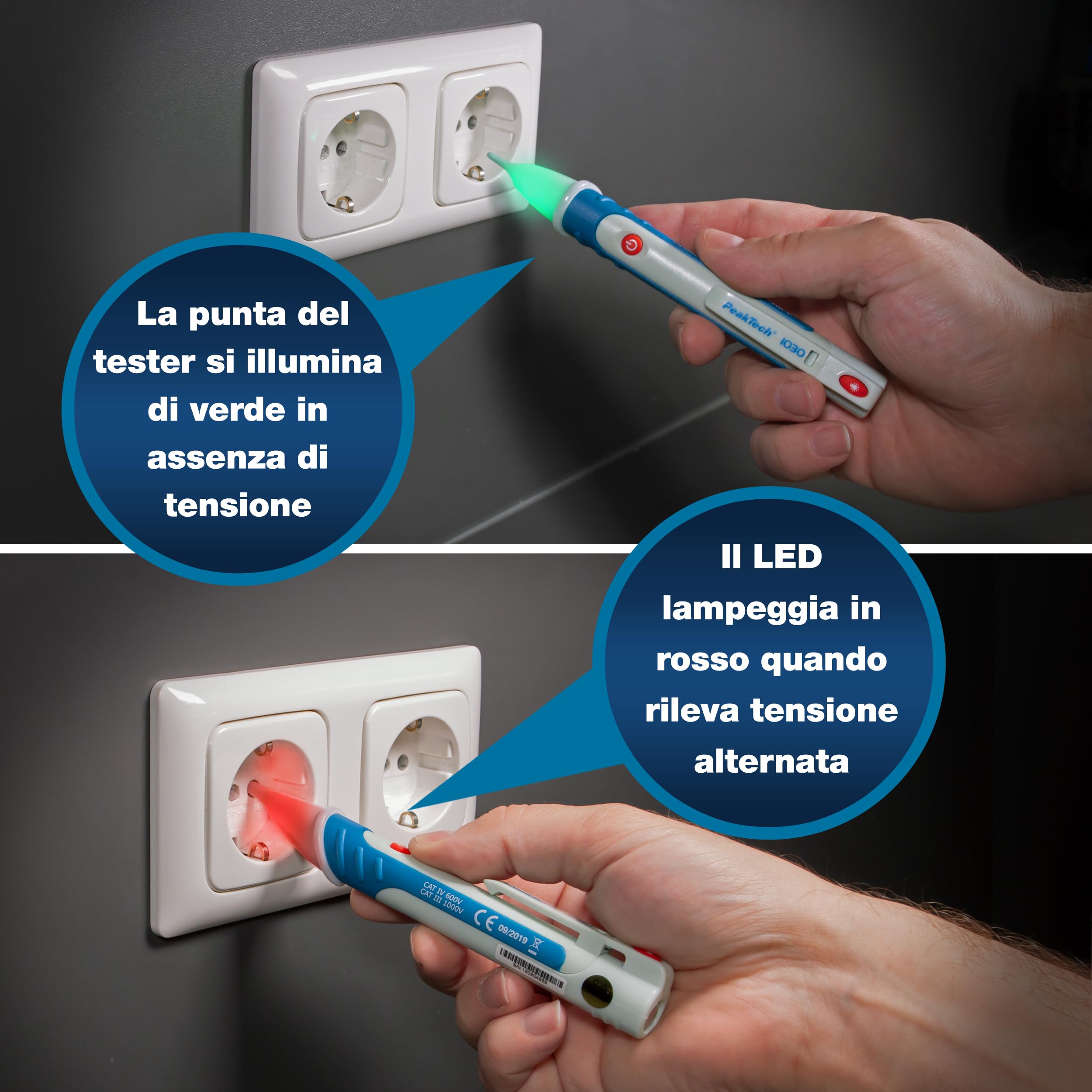 PeakTech 1030 - Tester di Tensione AC senza Contatto con Lampada a LED, Campo di Funzionamento Ac 50-1000V, Sistema di Misurazione, Penna Multimetro Portatile, Segnale Acustico - 157X26Mm