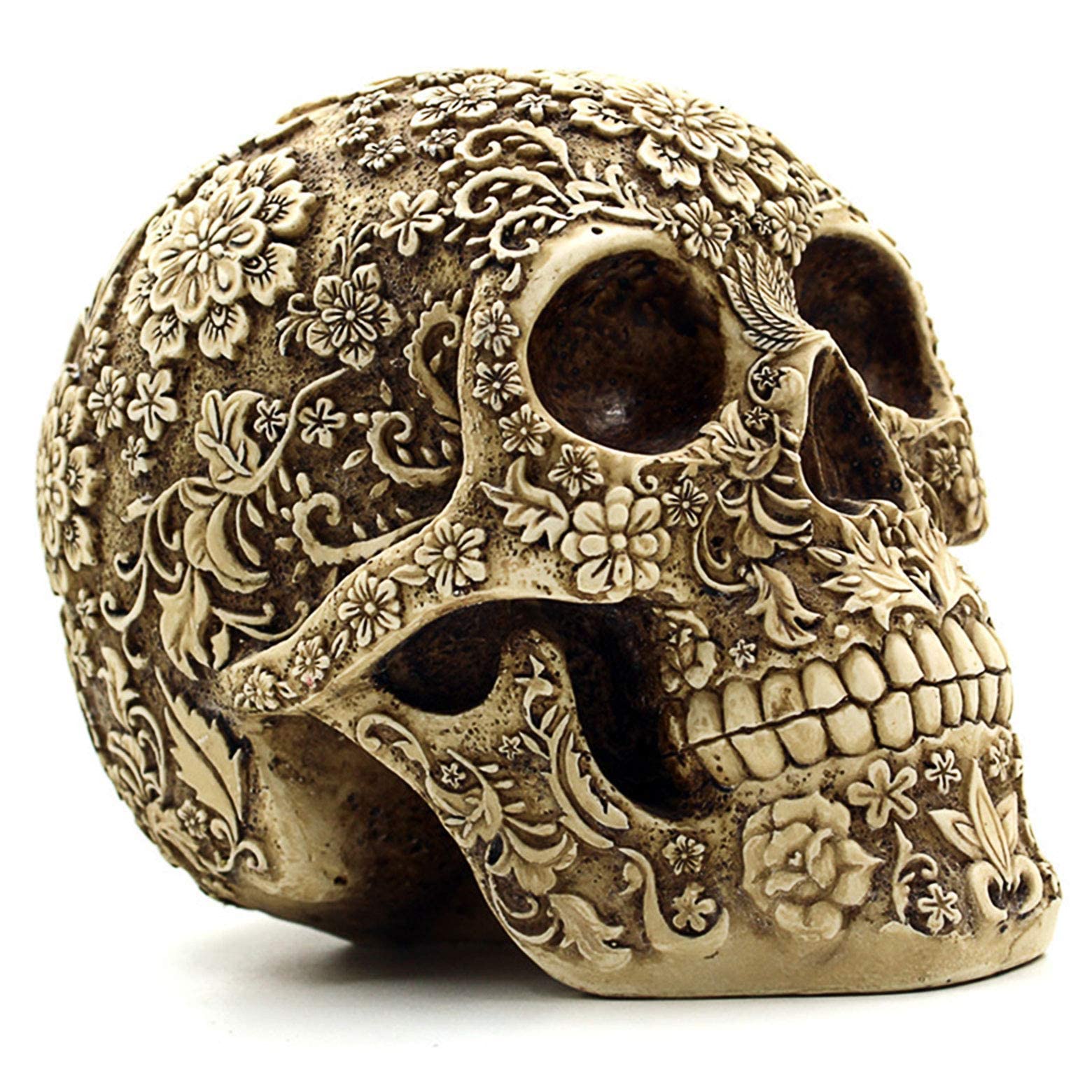 Wynameleri Kreative Totenkopf-Blumen-Skulptur 20,6 cm, menschlicher Kopf Skelett-Statue, Halloween Heimdekoration, kunstvolles Blumen-Totenkopf-Gesicht, realistisches Modell Skulptur Geschenke