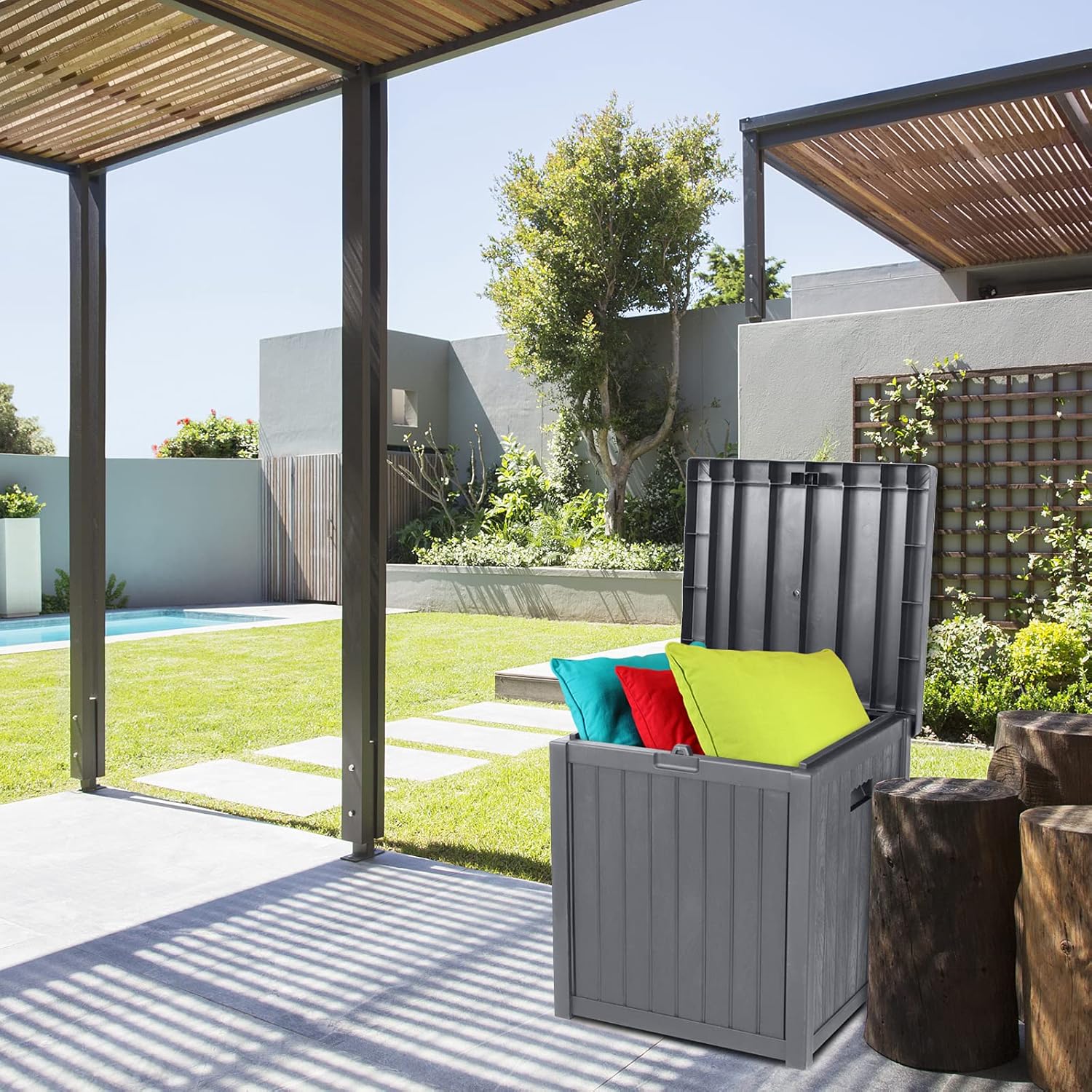 VINGLI 51 Gallon Medium Deck Box Organization, Resin Storage Box for Patio Furniture or Tools, Indoor & Outdoor Lockable Container Box for Garden, Pool, Yard, Porch and Balcony (Grey)