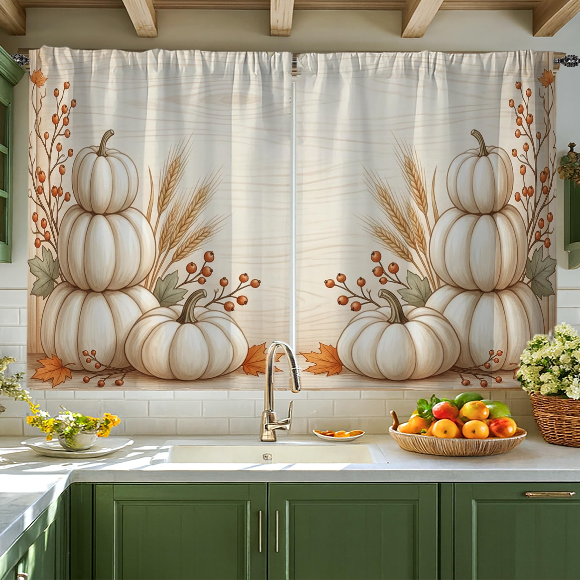 Rideaux rustiques à étages en textile blanc d'automne aux finitions fleurs et citrouilles