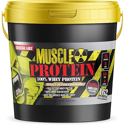 COLOSSAL LABS Muscle Protein Whey Powder [12 lbs/Pack of 1]– Cold Filtered, 25g Pure Protein, 6.6g BCAAs (Packaging May Vary) (12LB, Peanut Butter Chocolate)