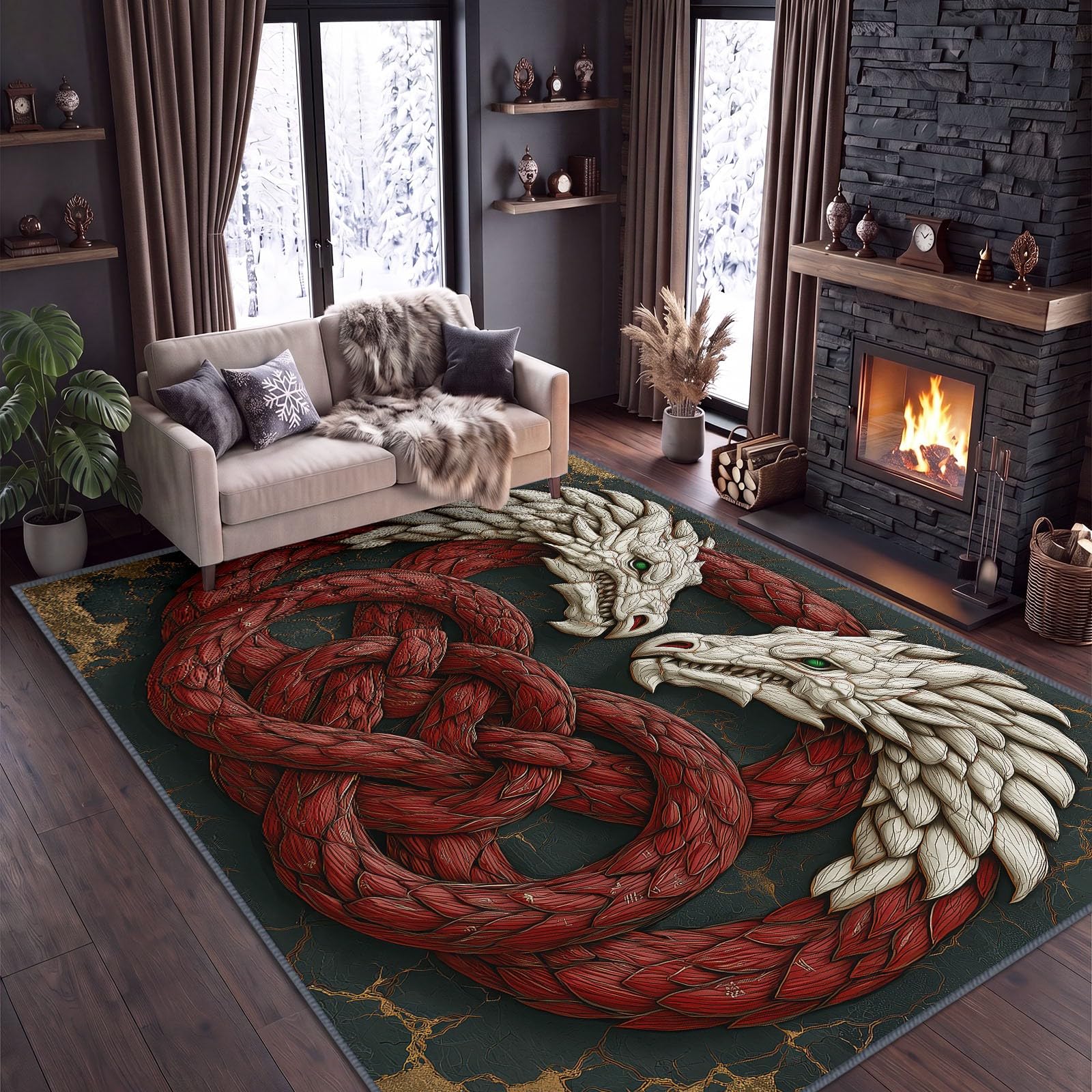 Alfombra doble dragón calavera 120 x 170 cm Dormitorio Alfombras Fantasía Gótico Suave Alfombra Cocina Antideslizante Alfombras Lavables para Salón Comedor Entrada Interior