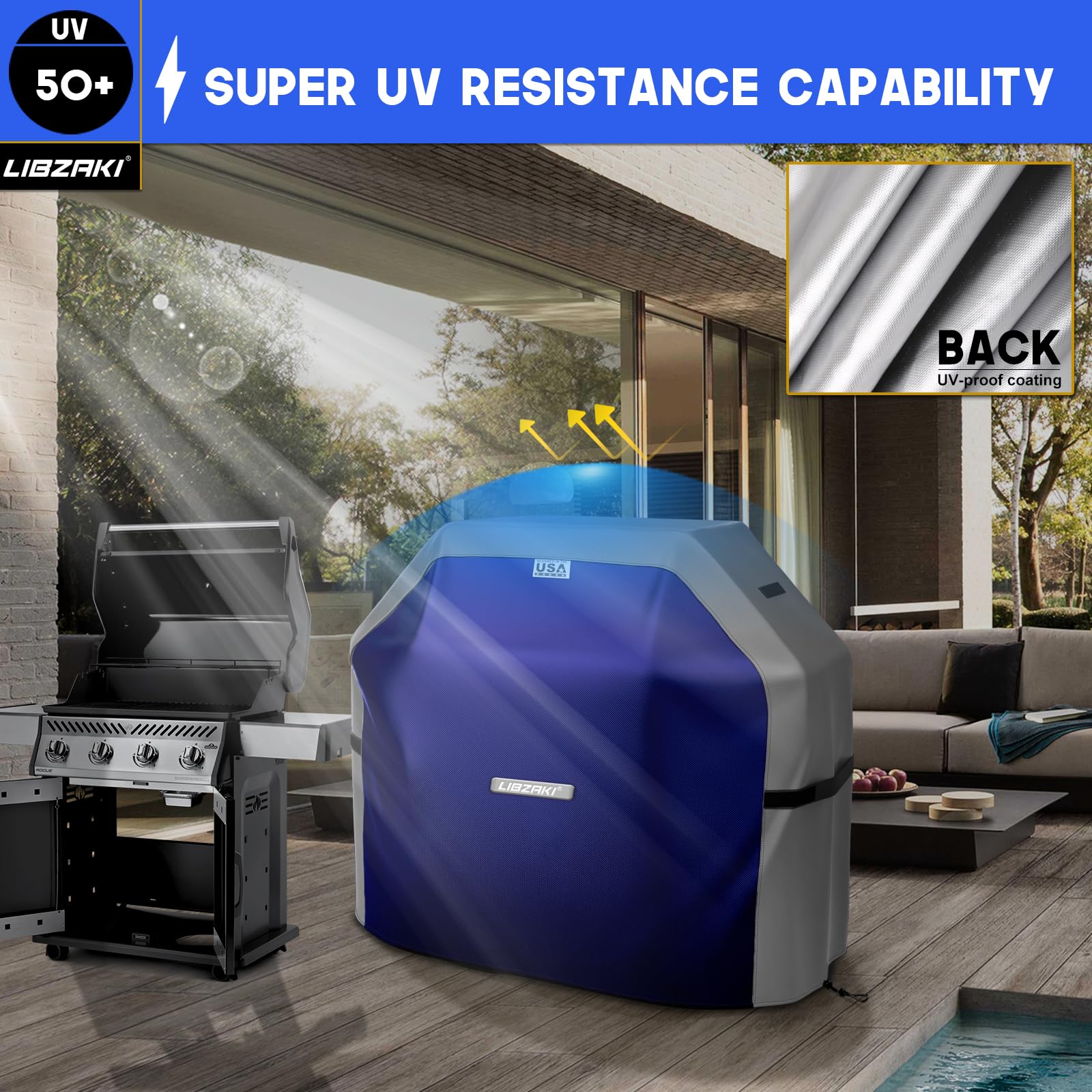 LIBZAKI Copertura per griglia 420D impermeabile, resistente alle intemperie, antistrappo, anti-UV, resistente allo sbiadimento, copertura per barbecue a gas Weber, Char Broil, Nexgrill, ecc., 182,9 cm