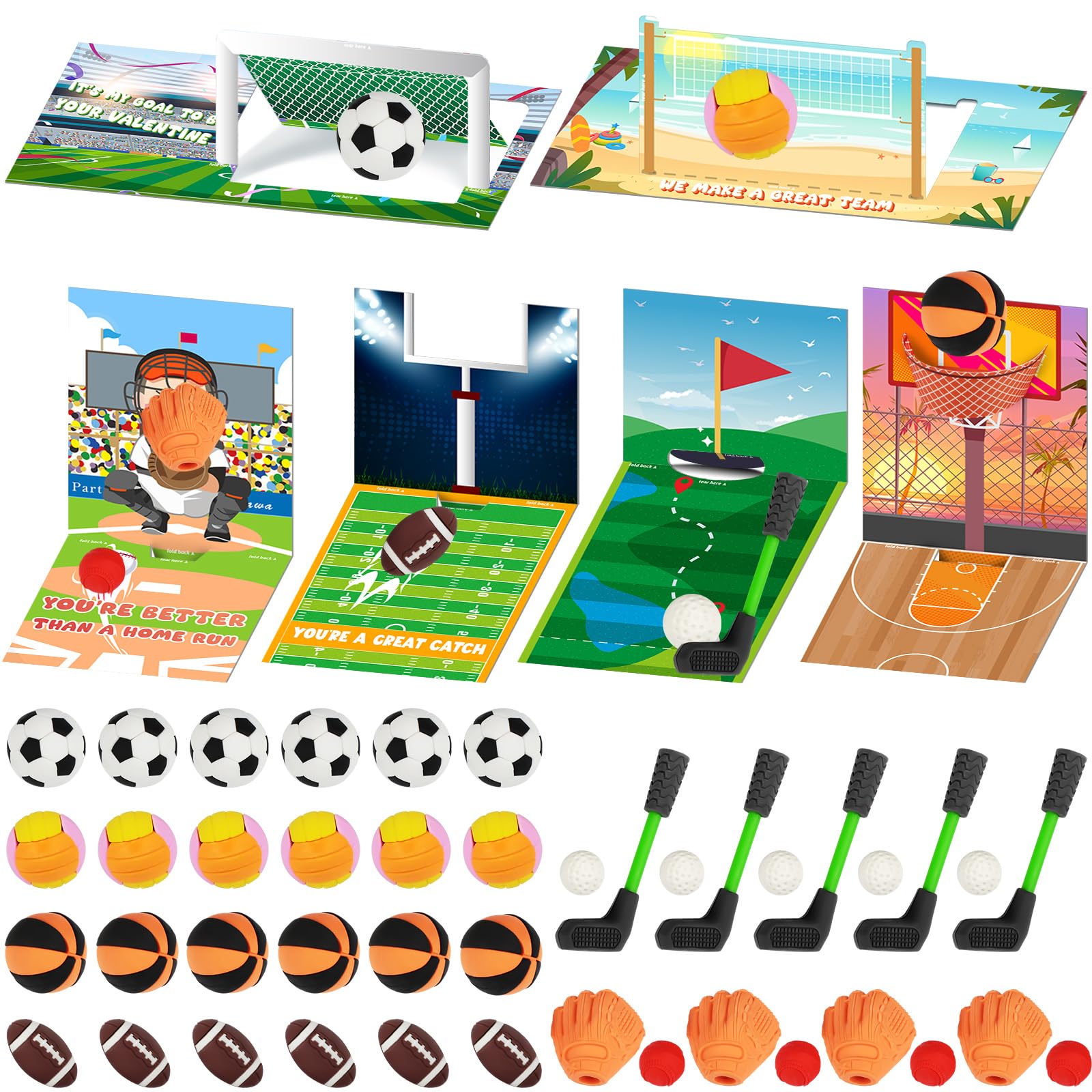 Poen 60 Set Valentine's Day Sports Erasers with Game Card for Kids Valentine's Exchange Gift Prizes School Funny Sport Eraser for Girls Boys Classroom Valentine's Party Favors