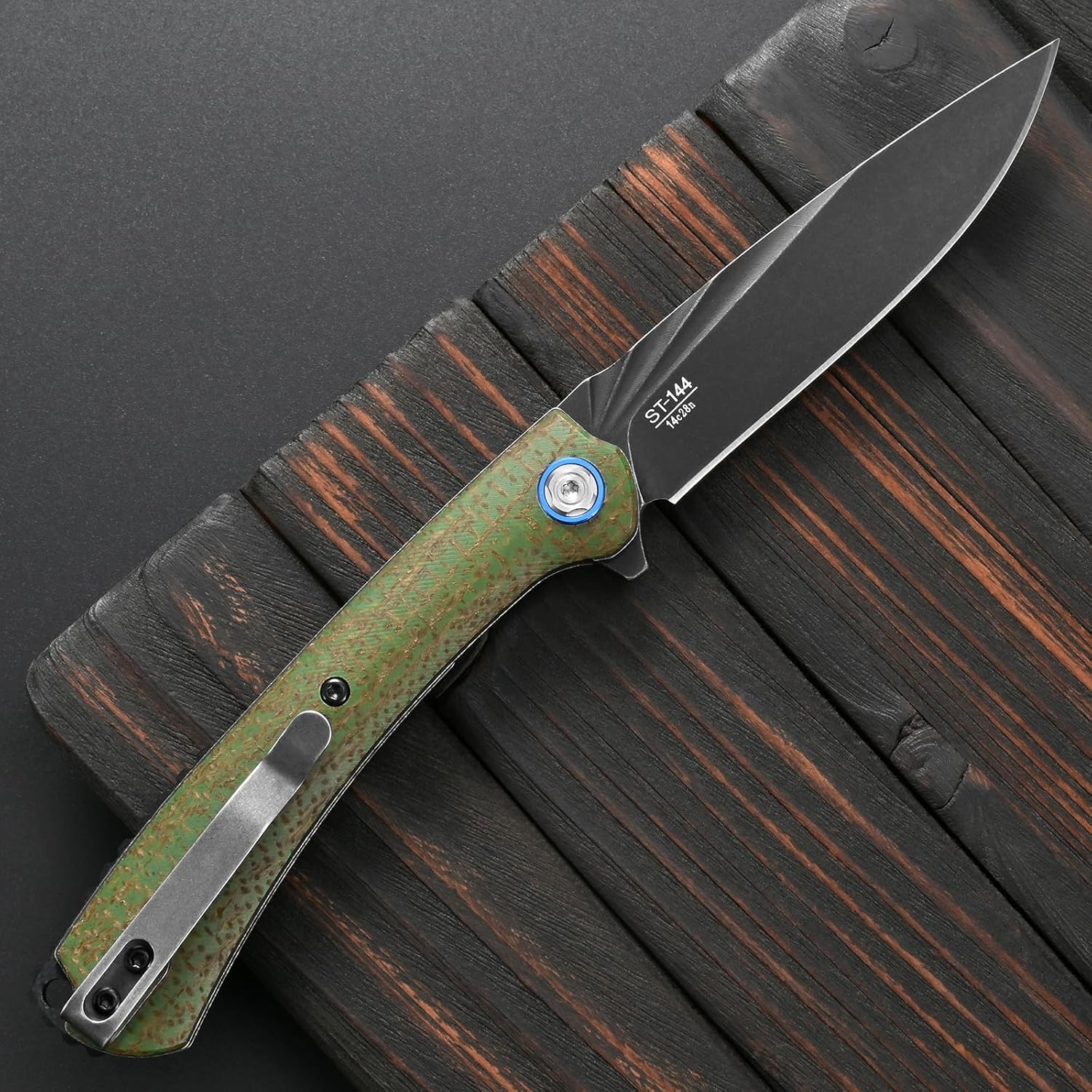 Sitivien ST144 Folding Knife,Black Stonewashed 14C28N Steel Blade,Micarta Handle Pocket Knife for Outdoor EDC Camping,Survival,Hiking,Fishing(Green)