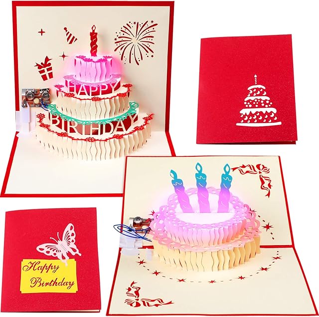 2 Pieces 3D Pop Up Greeting Cards, LED Light Happy Birthday Music Card with Envelope Birthday Cake Pop Up Cards for Kids Men Women