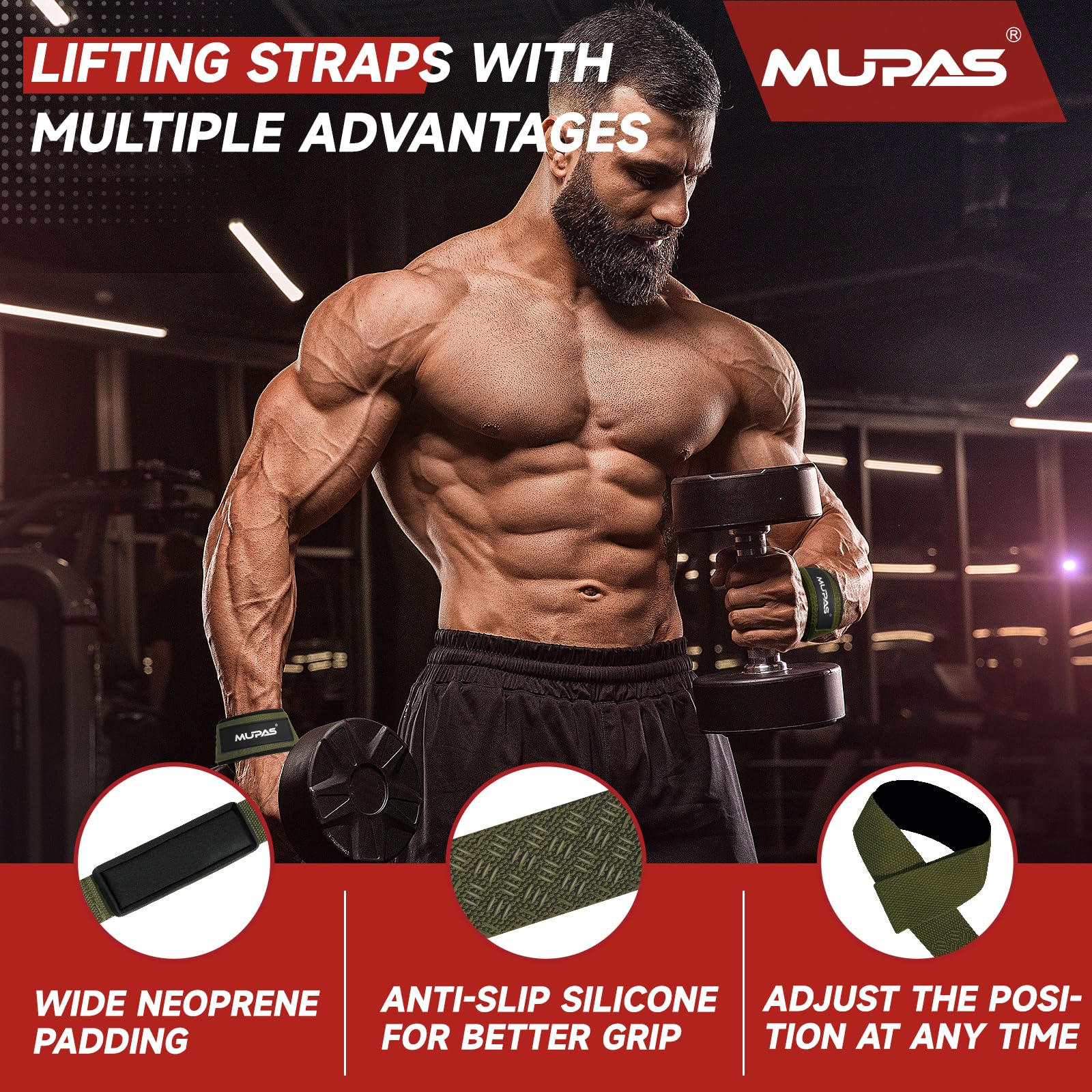 MUPAS Hulpmiddelen voor krachttraining en bodybuilding (gevoerd) - professionele lifting straps 58,5 cm lengte - antislip siliconen - gym straps voor fitness, deadlifting, gewichtheffen (zwart