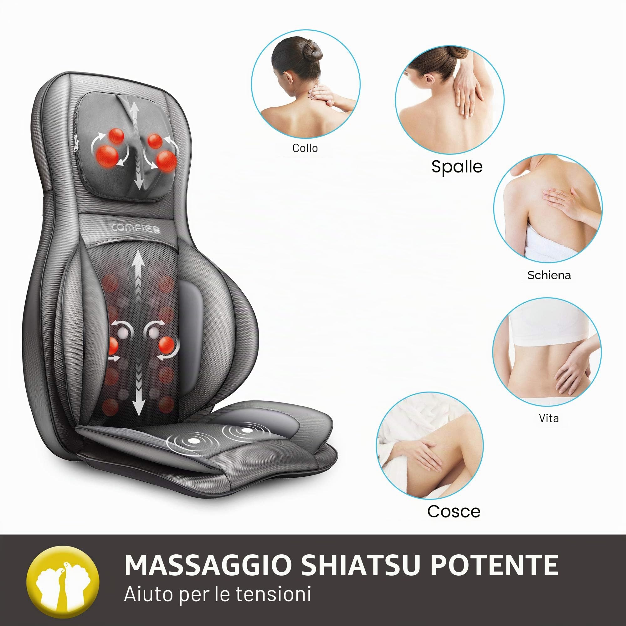 Comfier Massaggiatore Schiena e Collo con Compressione d’Aria, Shiatsu Massaggiatore Elettrico con Calore e rotolamento, Sedile Massaggiante per Tutto il Corpo