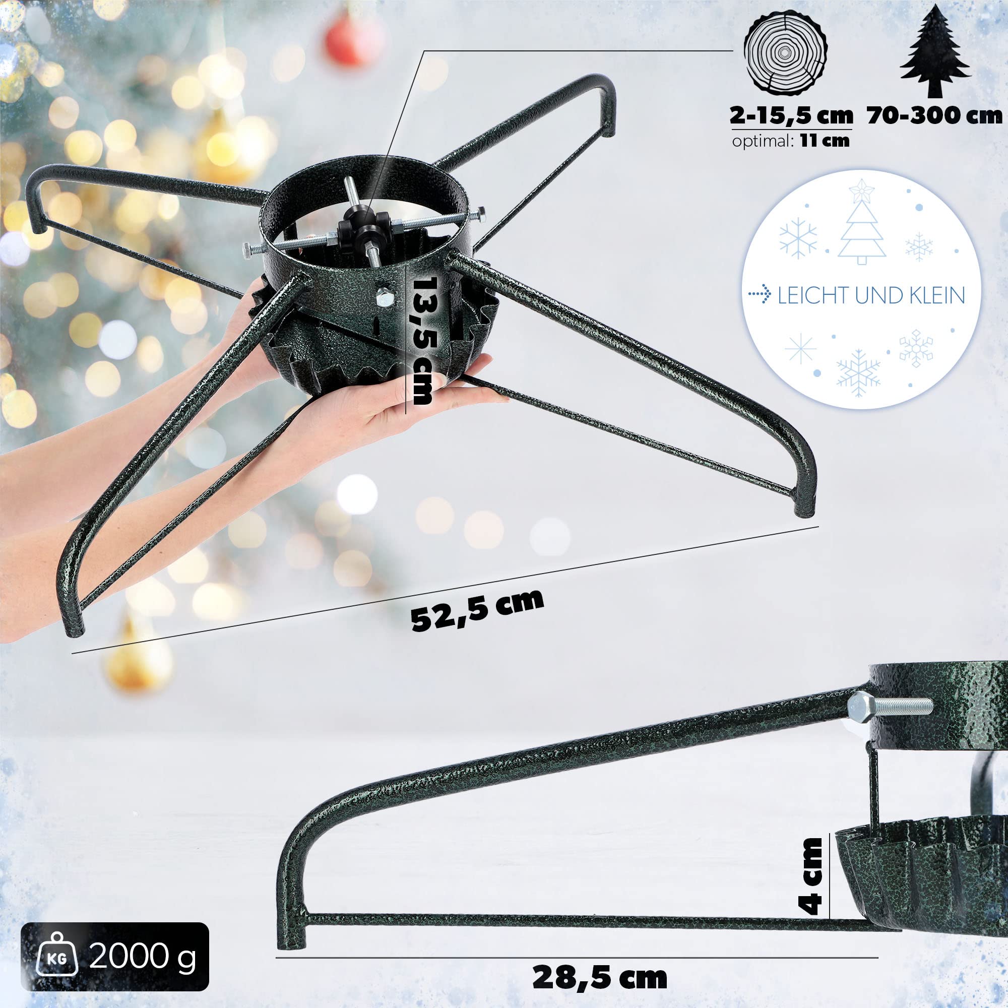 KADAX Weihnachtsbaumständer aus Stahl, Stabiler Christbaumständer mit Wasserschüssel, XXL Tannenbaumständer mit Schwingplatten System, Ständer für Baum, Verschiedene Großen (Breite: 73 cm, Grün)