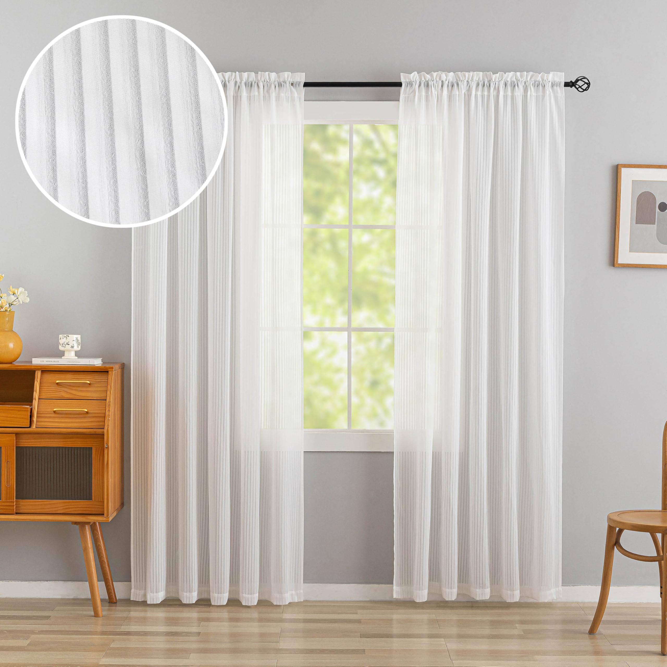 Home Brilliant Stripe Net Window Treatment 84 Inch Drop Set of 2 for Bedroom Net Curtains White Sheer Curtains Drapes for Party 84 inches Drop