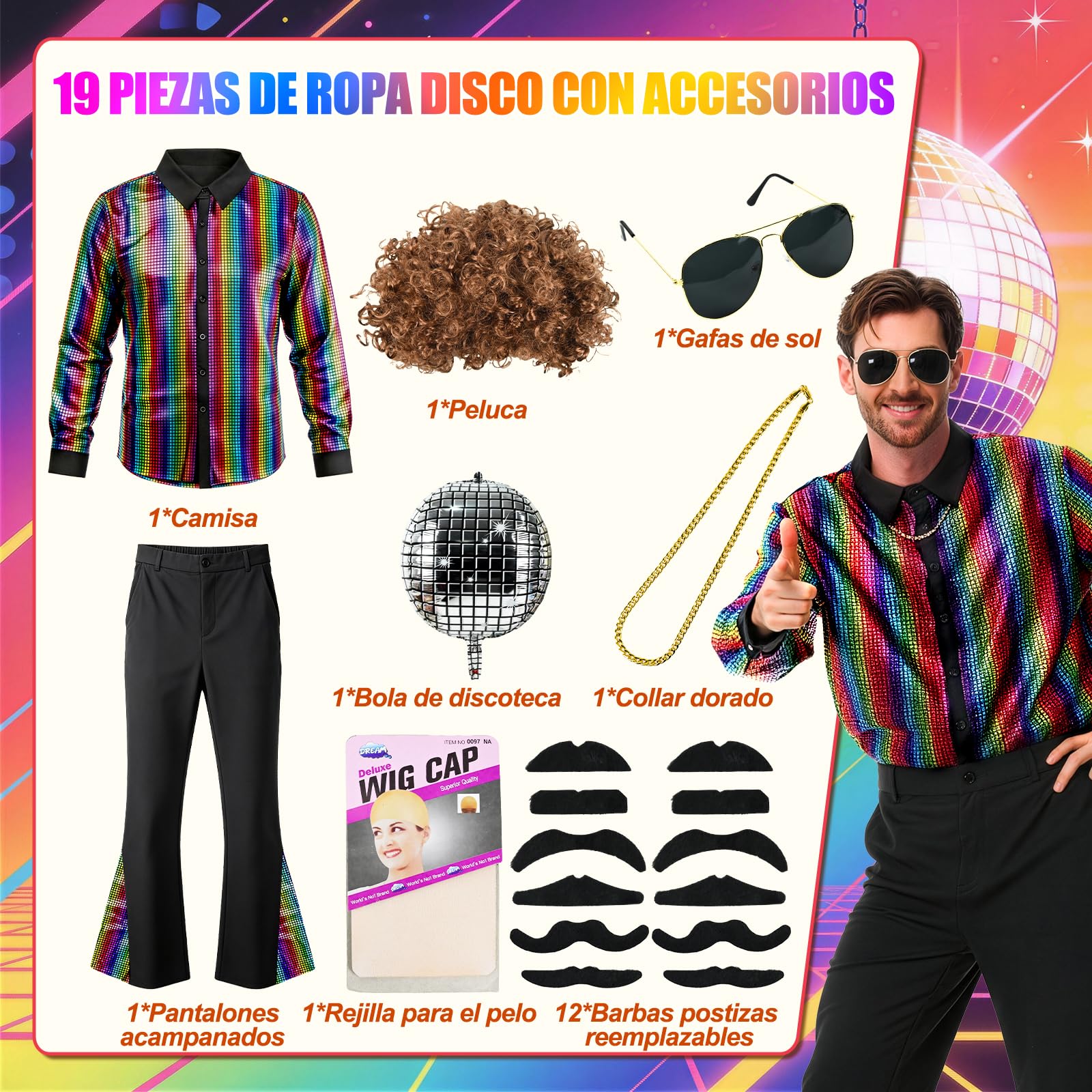 PATEMZON Disfraz de Discoteca para Hombre, 70s Disco Adulto Costumes Disfraz Hippie, Camisa Retro Pantalones de Campana Peluca Gafas de Collar Bigote para Carnaval y Fiesta Temática