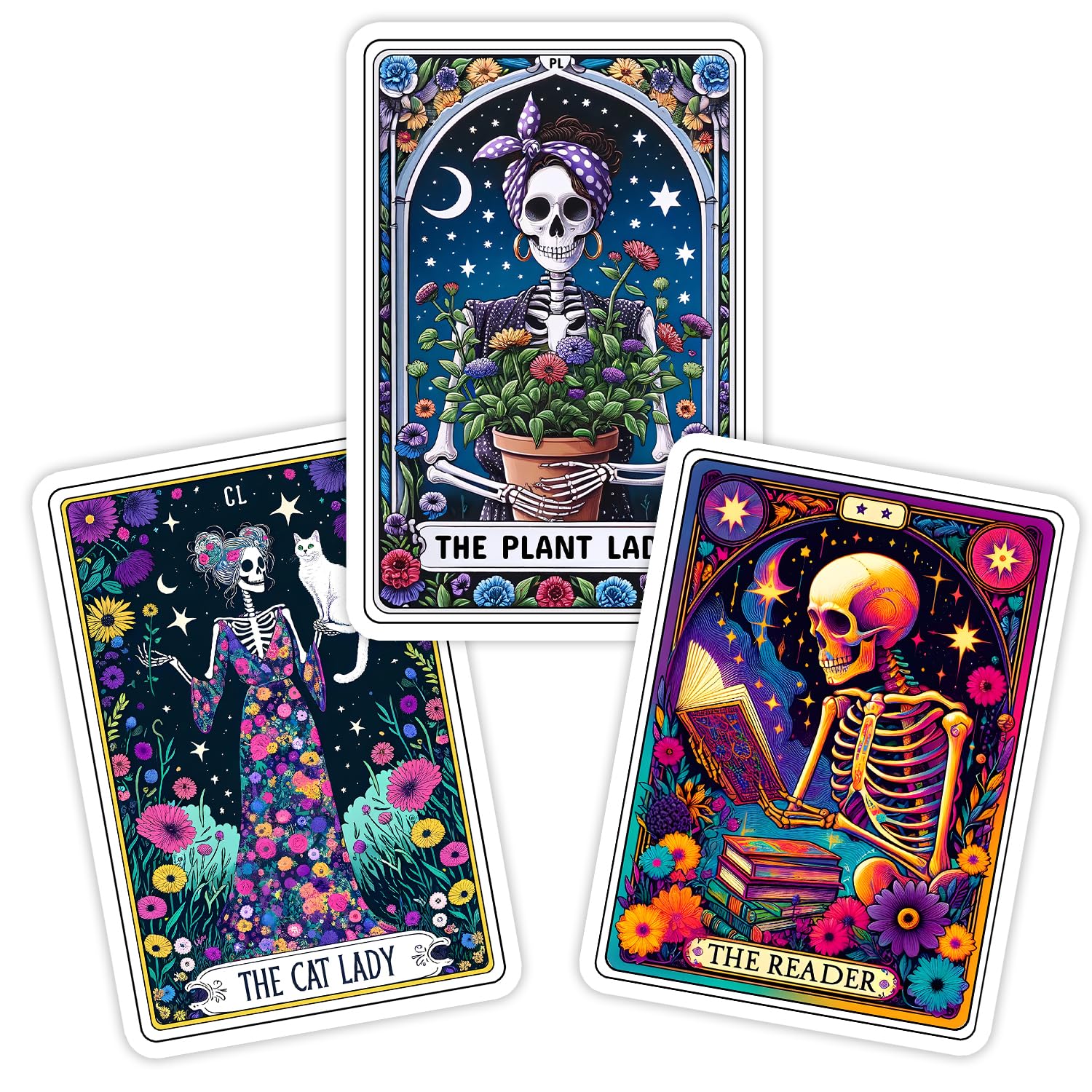 (3Pcs) The Plant The Reader The Cat Lady Tarot Card Stickers 3'' for Nature Bookworms Plant Cat Lovers Skeleton Witchy Gothic Vinyl Decal for Laptops Water Bottles Journals